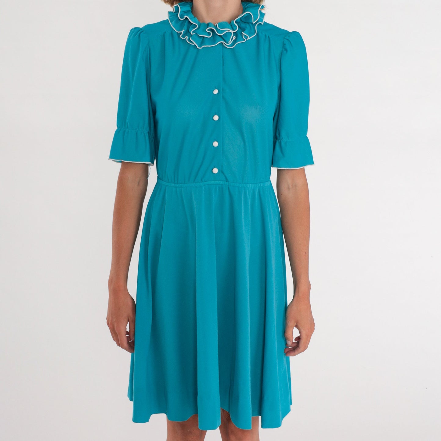 70s Teal Shirtwaist Mini Dress High Ruffle Collar Button-Up Medium M