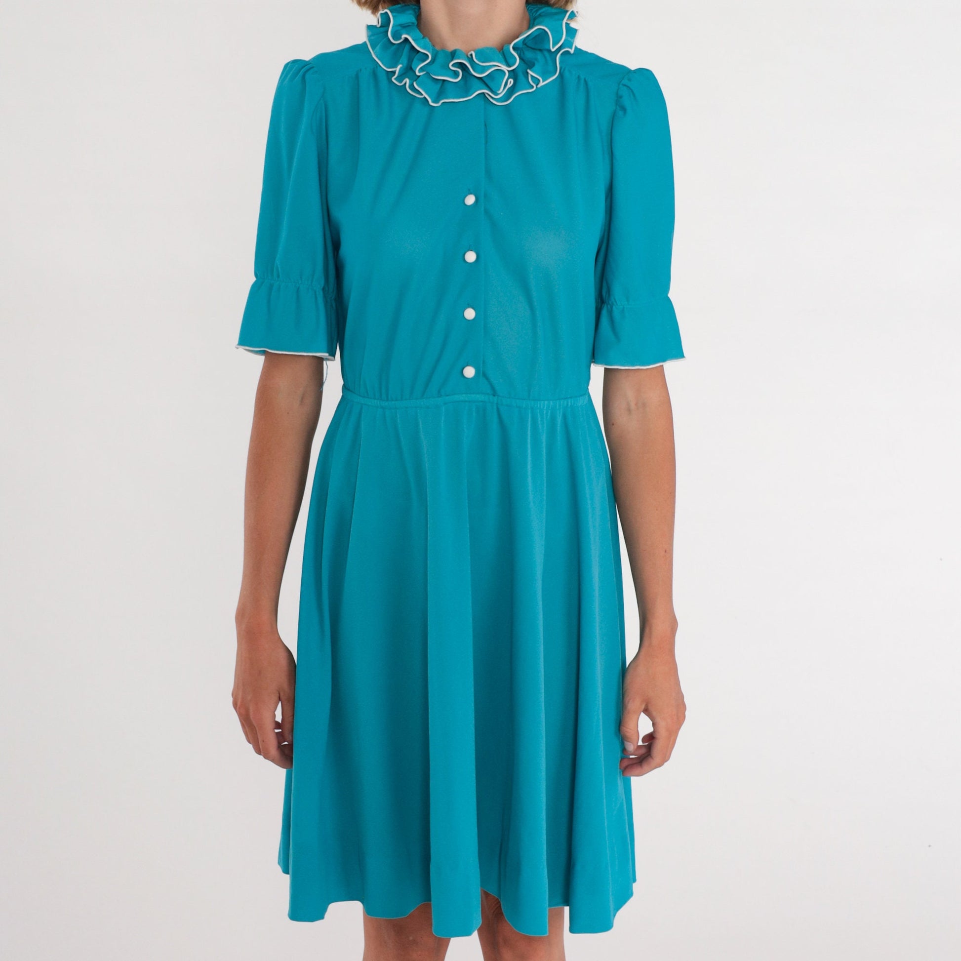 70s Teal Shirtwaist Mini Dress High Ruffle Collar Button-Up Medium M