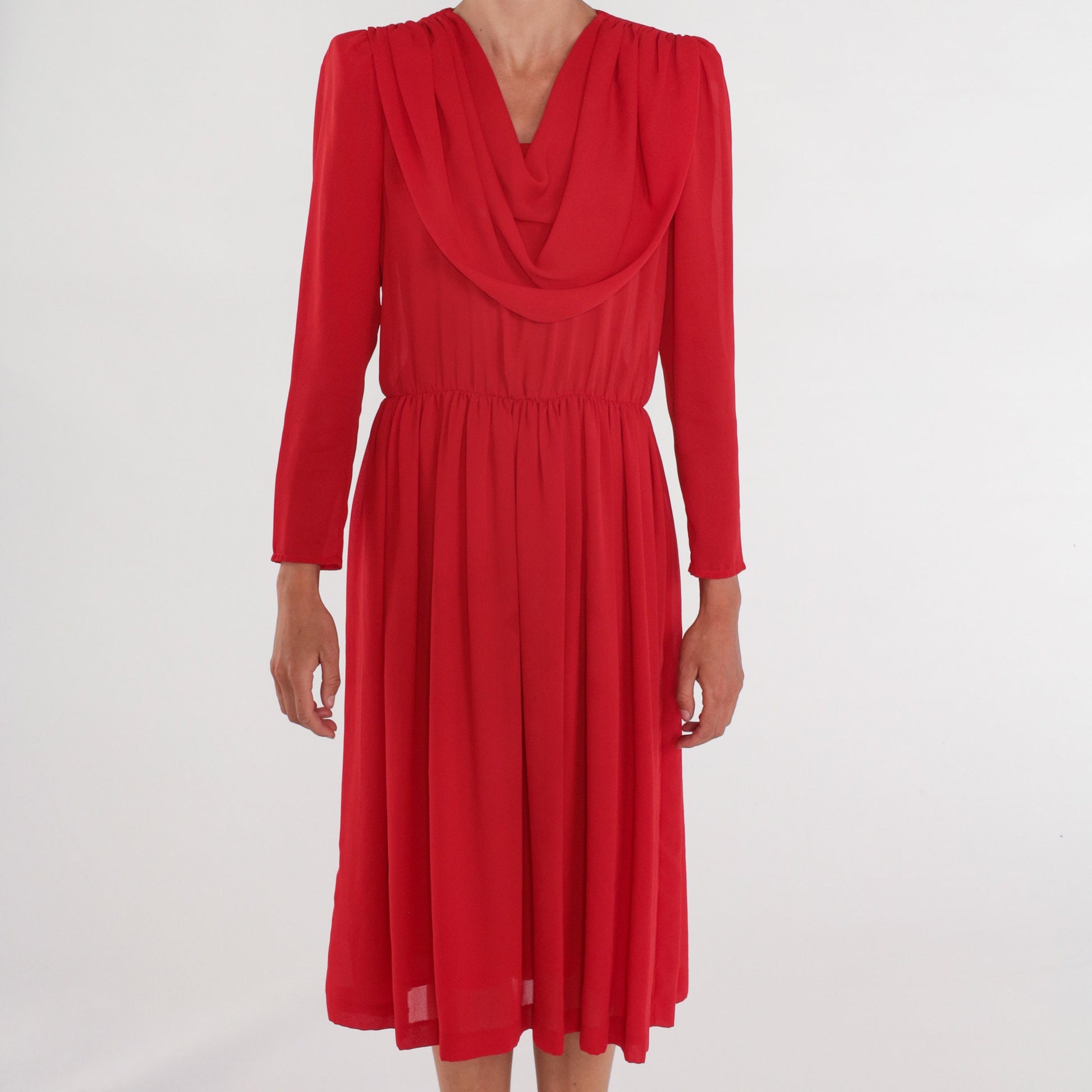 70s Red Disco Midi Dress Draped Cowl Neck Puff Sleeve High Waist Medium