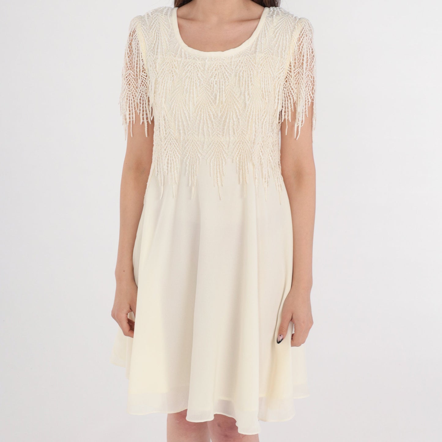 90s Cream Mini Dress Crochet Fringe Capelet Short Sleeve Small