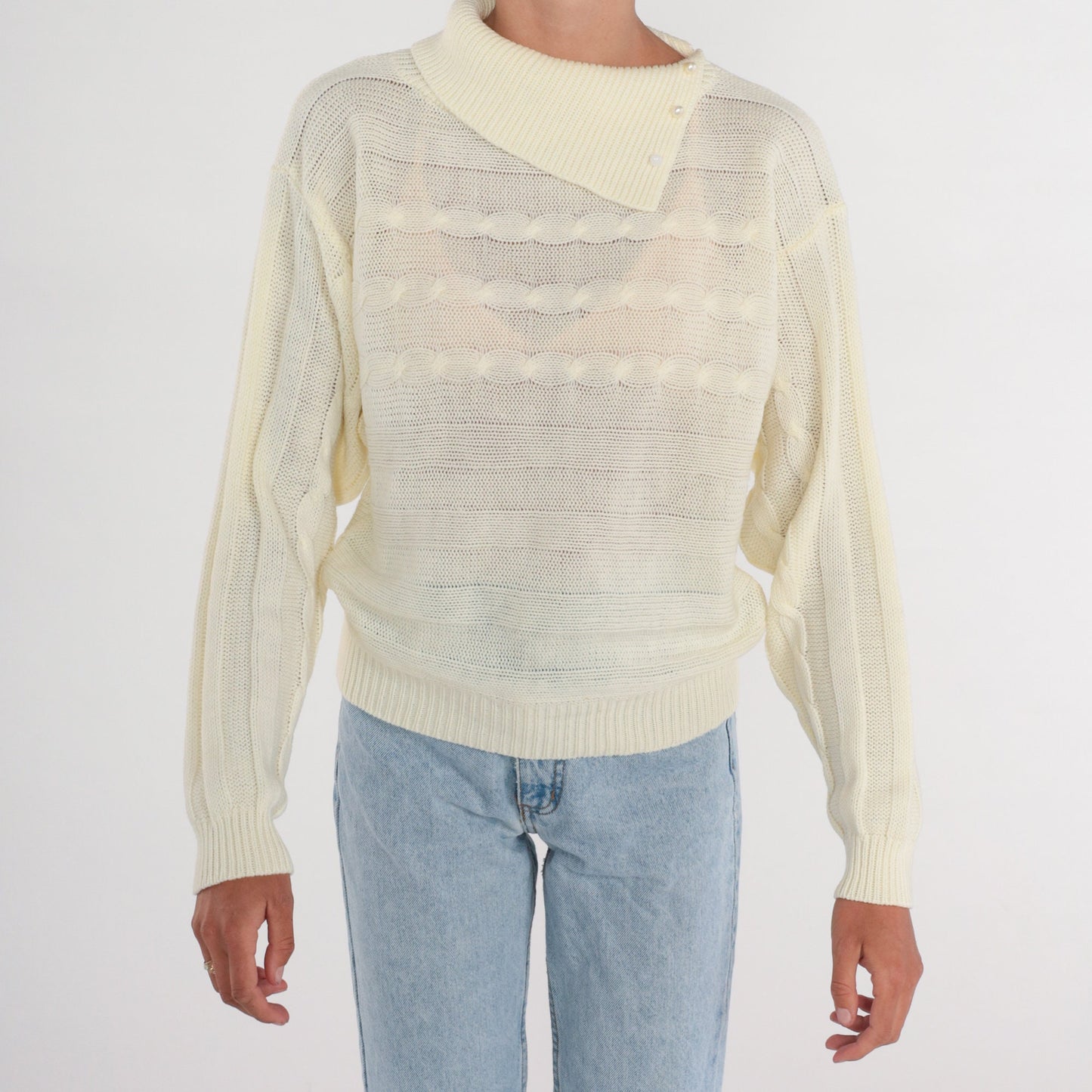 80s Cream Cable Knit Sweater Convertible Collar Pullover Medium M