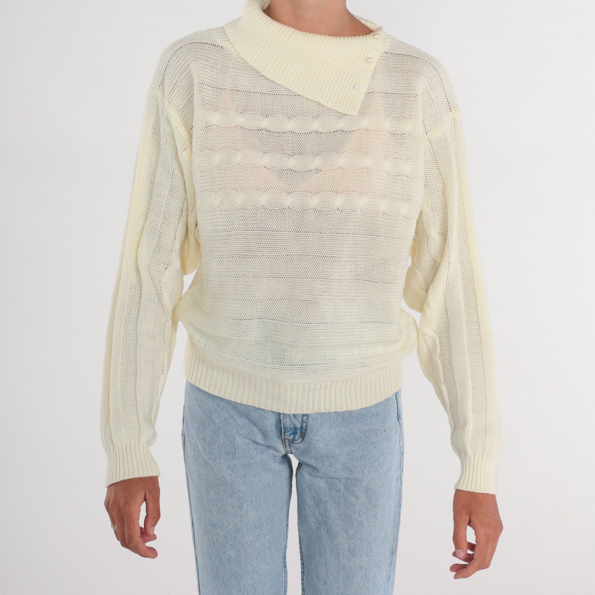 80s Cream Cable Knit Sweater Convertible Collar Pullover Medium M