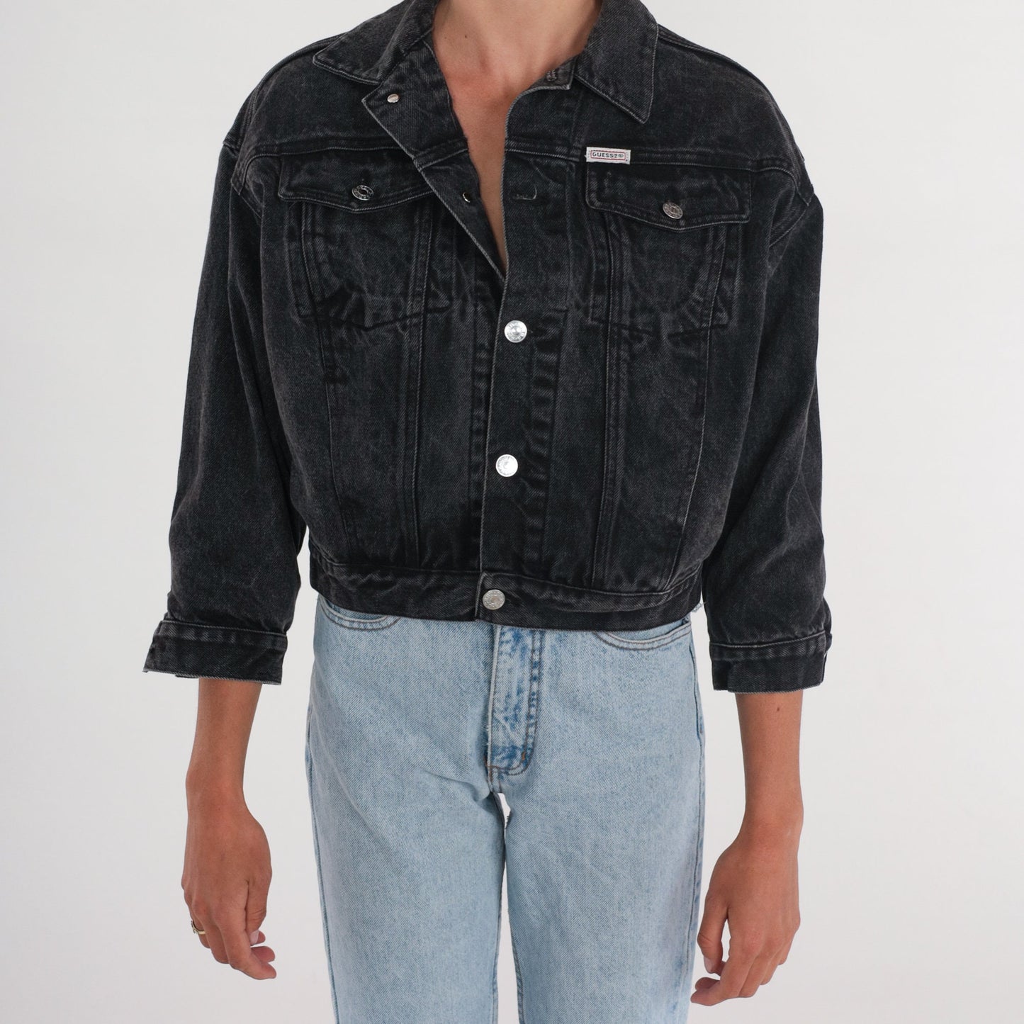 90s Guess Black Denim Jacket Cropped Airbrushed Vegetarian Print Medium