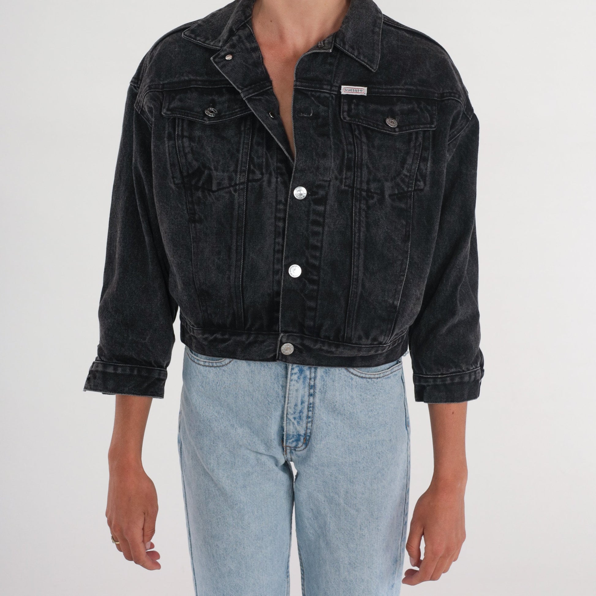 90s Guess Black Denim Jacket Cropped Airbrushed Vegetarian Print Medium