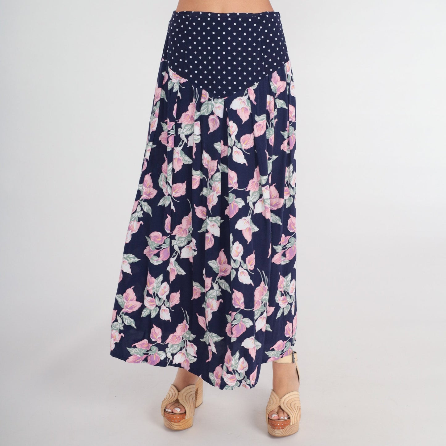 80s Navy Polka Dot Floral Maxi Skirt High Waist Basque Pleated Medium M