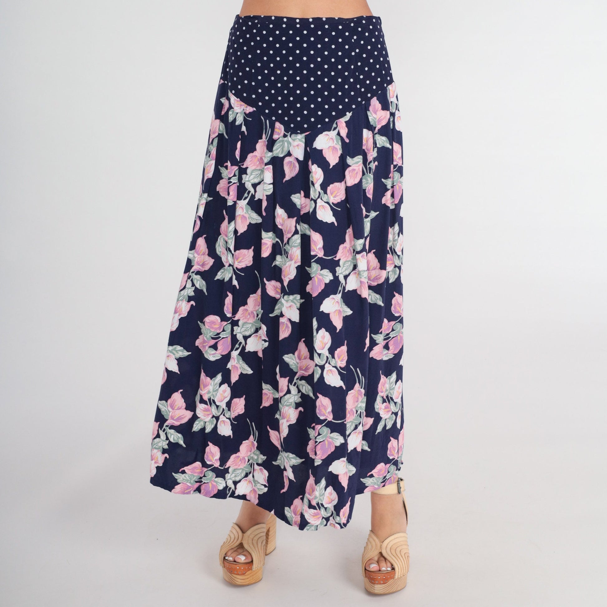 80s Navy Polka Dot Floral Maxi Skirt High Waist Basque Pleated Medium M