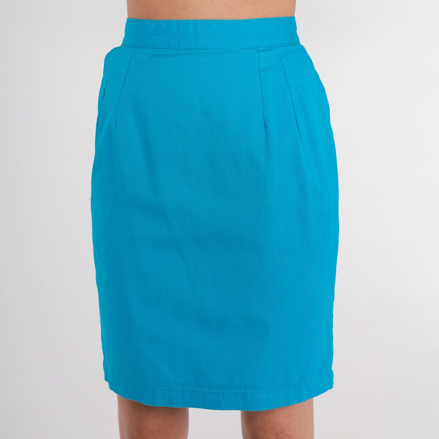 90s Blue Pencil Mini Skirt High Waist Cotton Fitted Extra Small