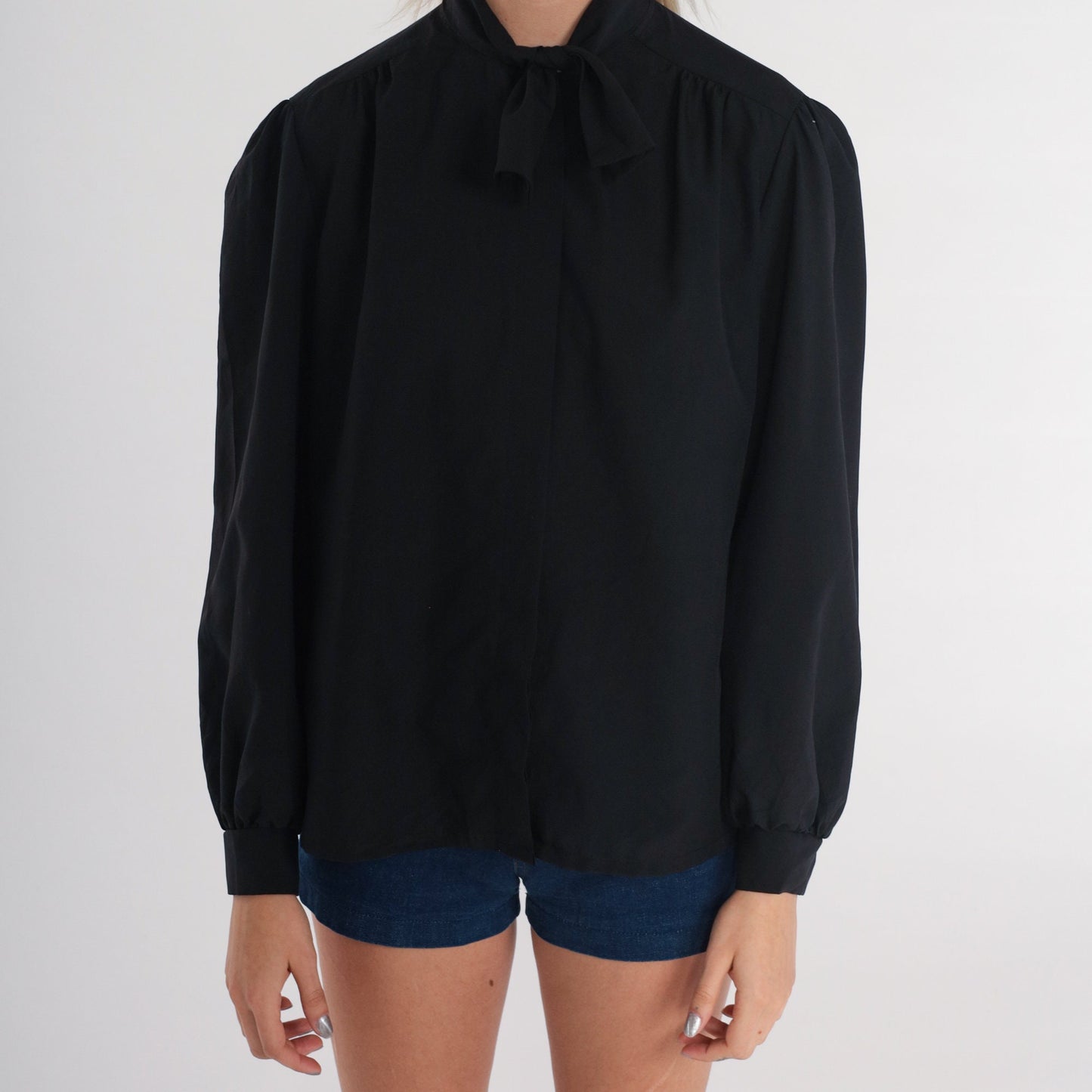70s Black Ascot Blouse Button Up Necktie Puff Sleeve Shirt Medium M