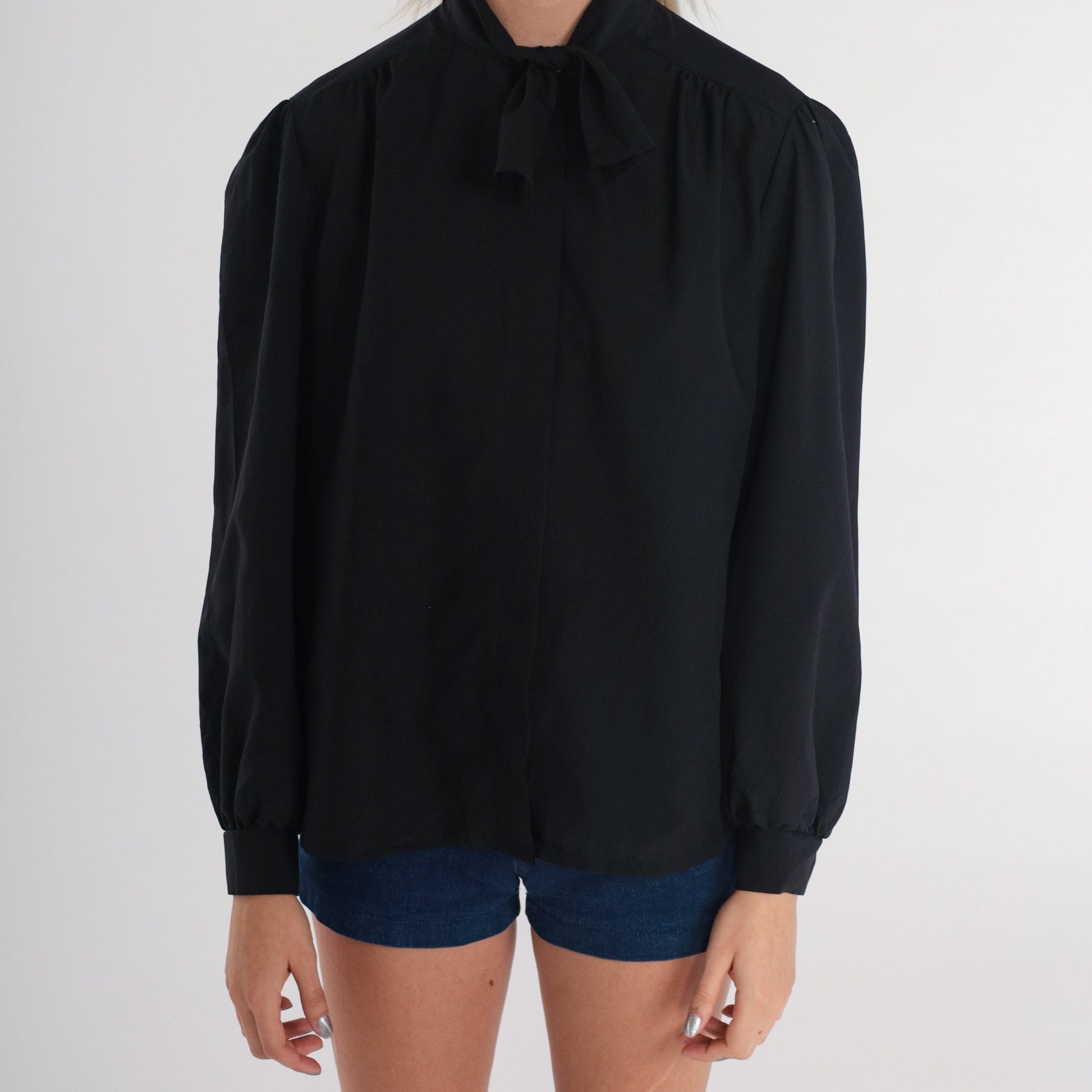 70s Black Ascot Blouse Button Up Necktie Puff Sleeve Shirt Medium M