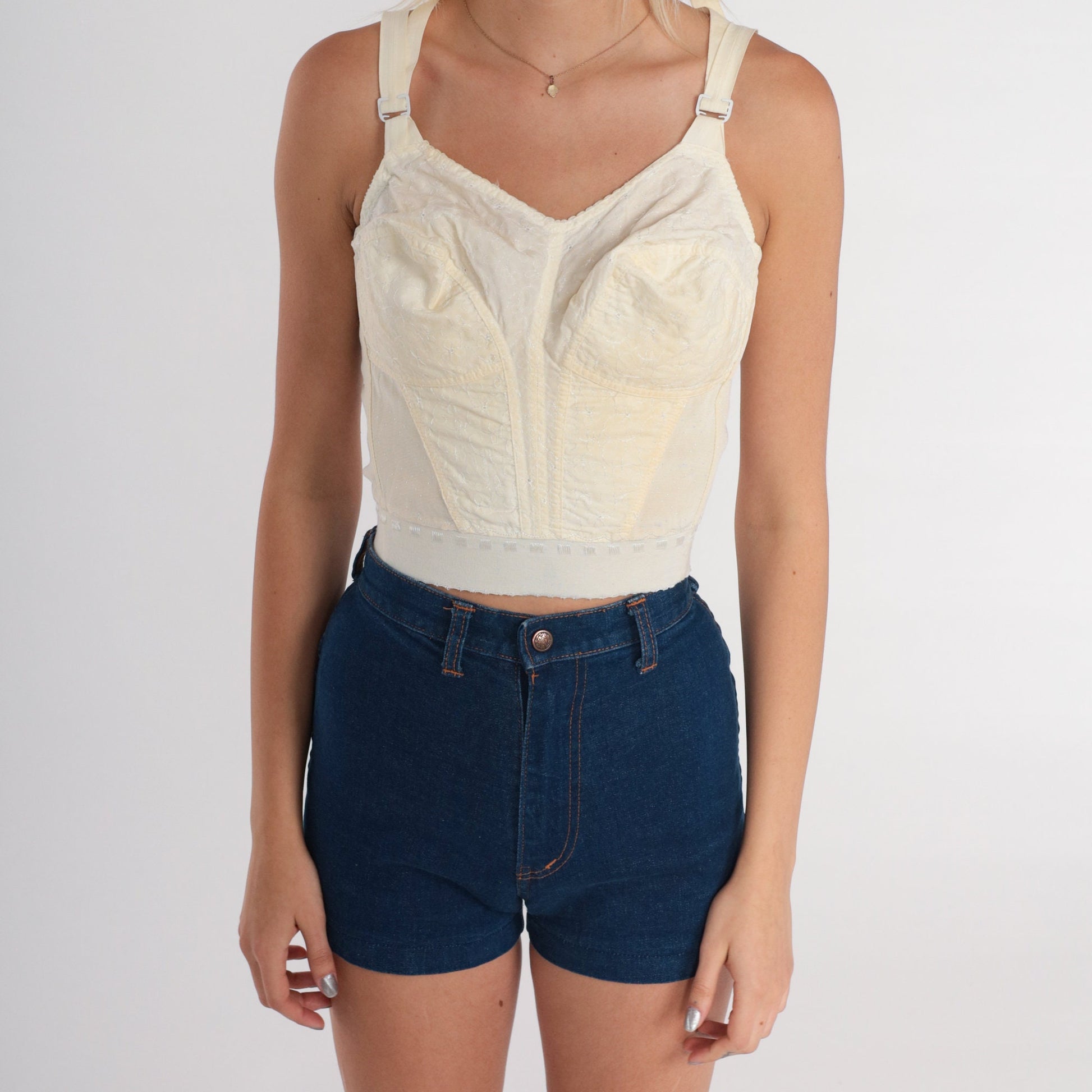 60s Floral Embroidered Underwire Bustier Bra Top Off-White 34D