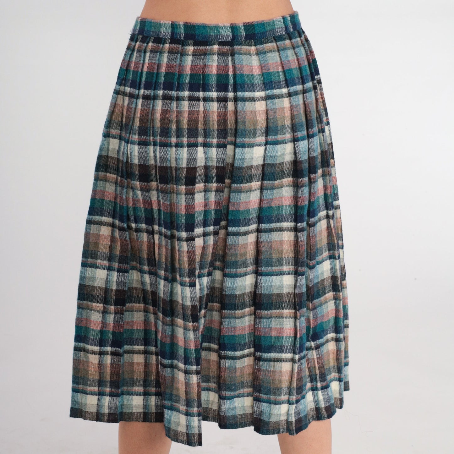 80s Plaid Wool Blend Midi Skirt High Waist Pleated Blue Green Small