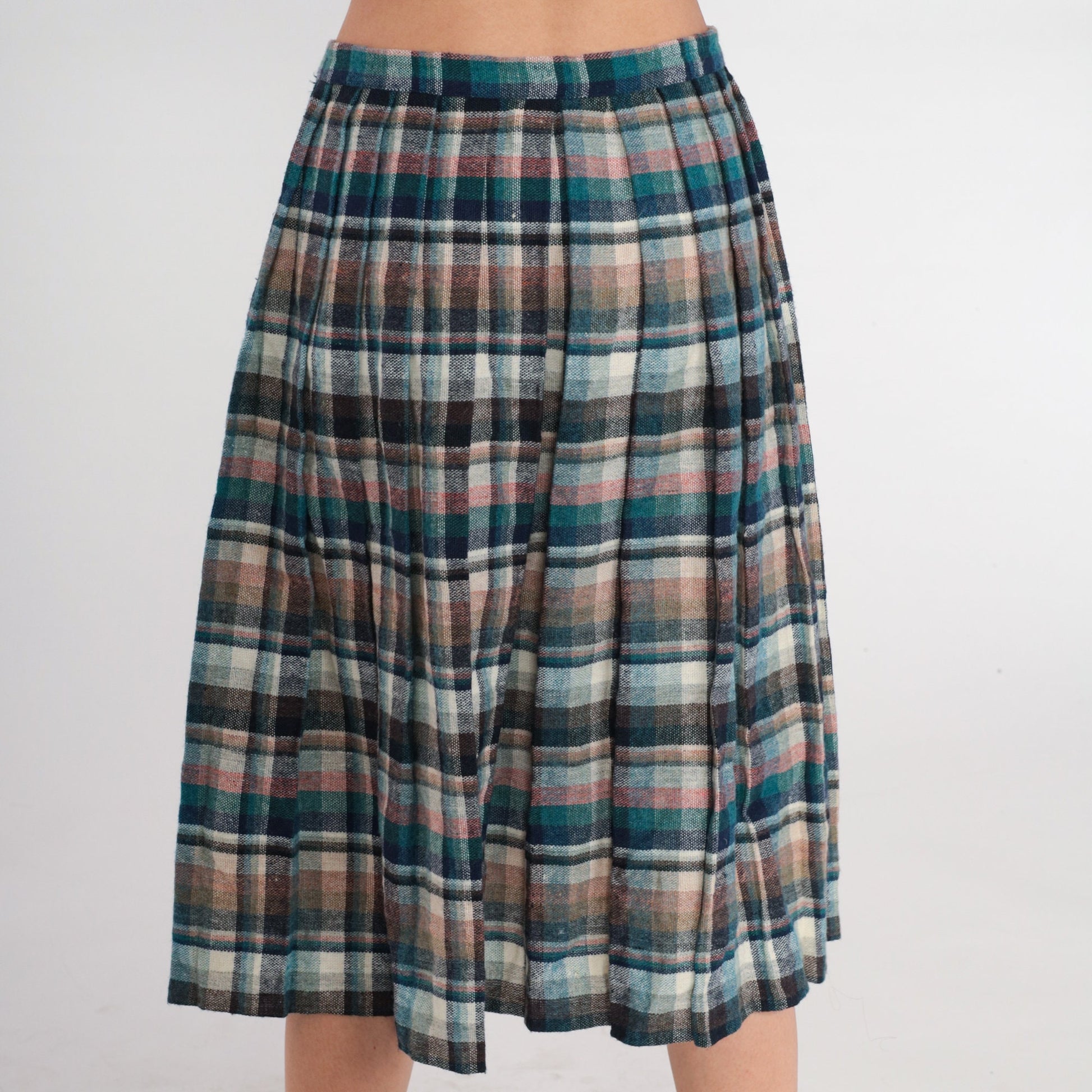80s Plaid Wool Blend Midi Skirt High Waist Pleated Blue Green Small