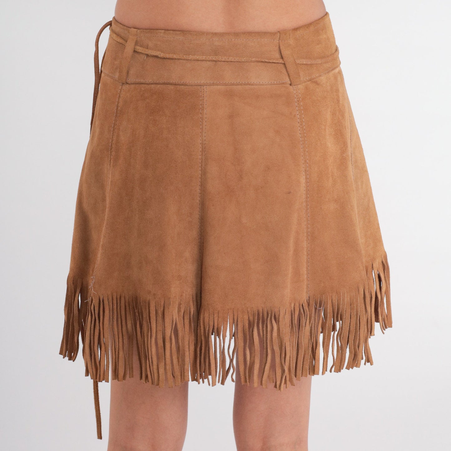 80s Brown Suede Fringe Mini Skirt Wrap High Waist Extra Small