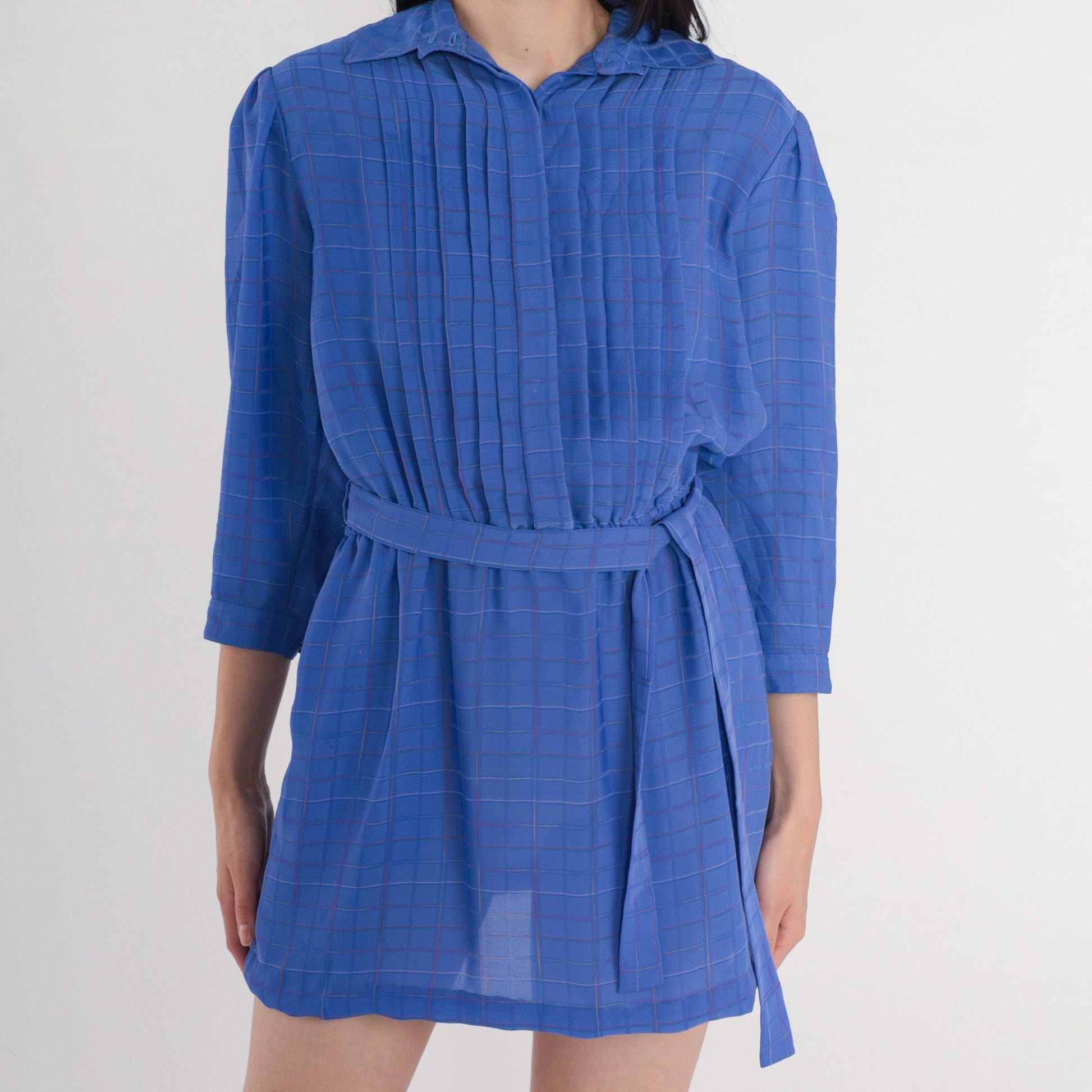 70s Ms Chaus Blue Checkered Mini Dress High Waist Pleated Button Up Medium Large