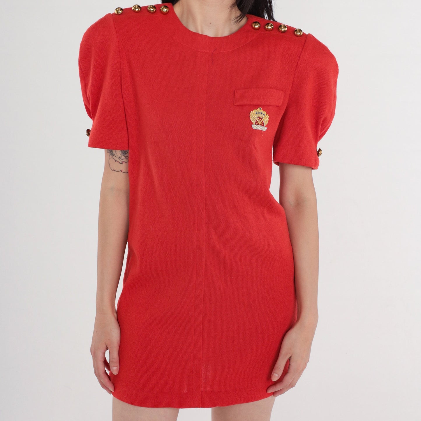 80s Leslie Fay Red Mini Dress Puff Sleeve Gold Buttons Sparkly Crest Patch Large
