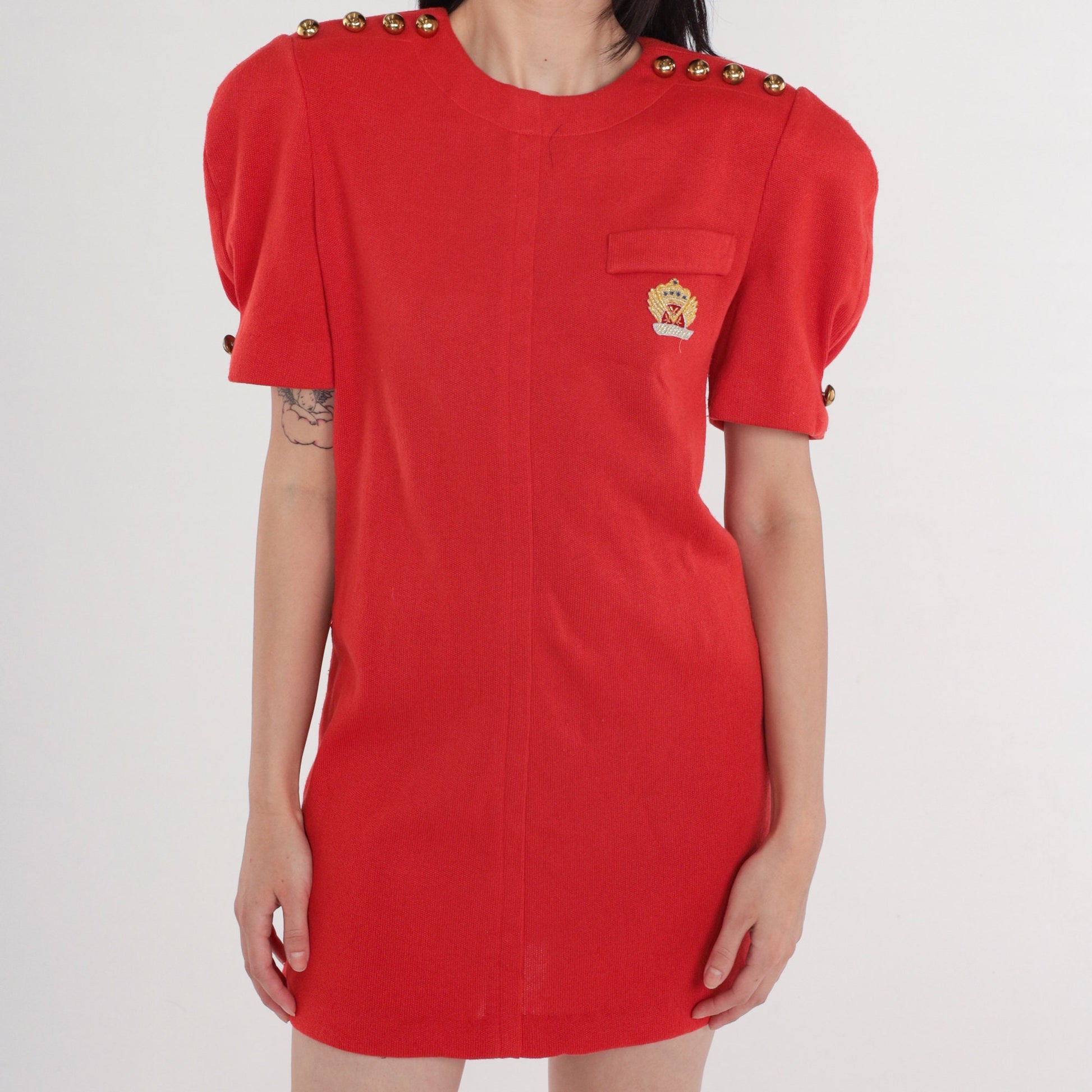 80s Leslie Fay Red Mini Dress Puff Sleeve Gold Buttons Sparkly Crest Patch Large
