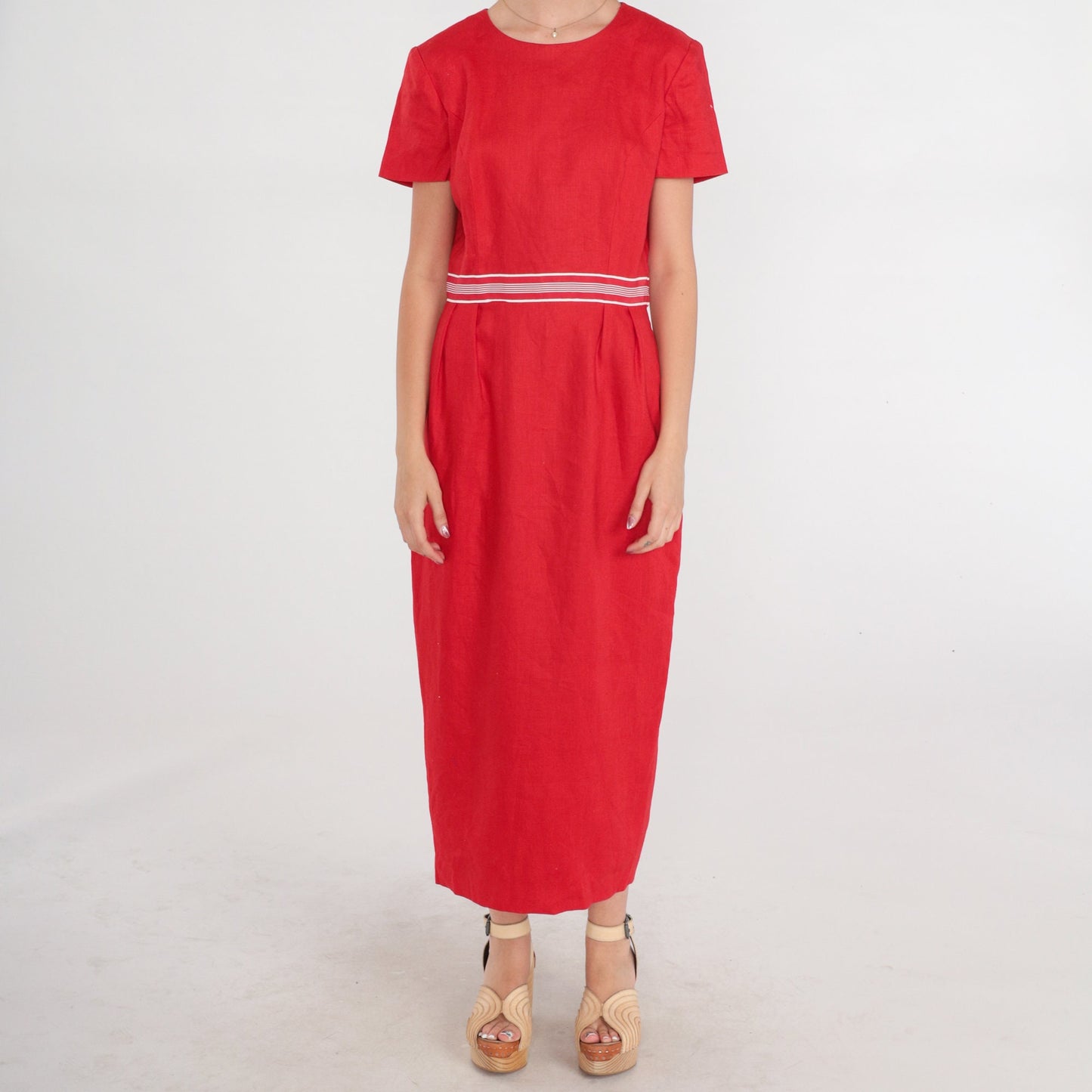 00s Red Linen Midi Dress Keyhole Cutout Bow Short Sleeve Small 6