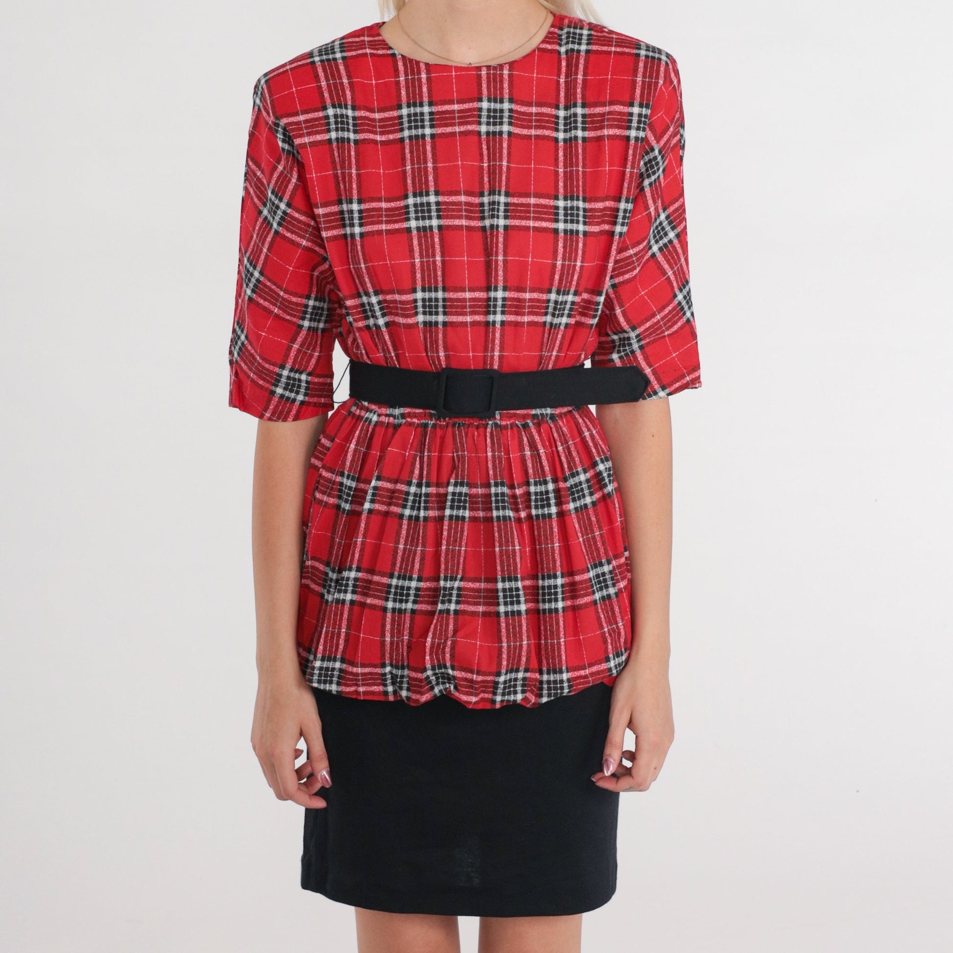 80s Bee Darlin Red Plaid Peplum Midi Dress Black Pencil Skirt Extra Small