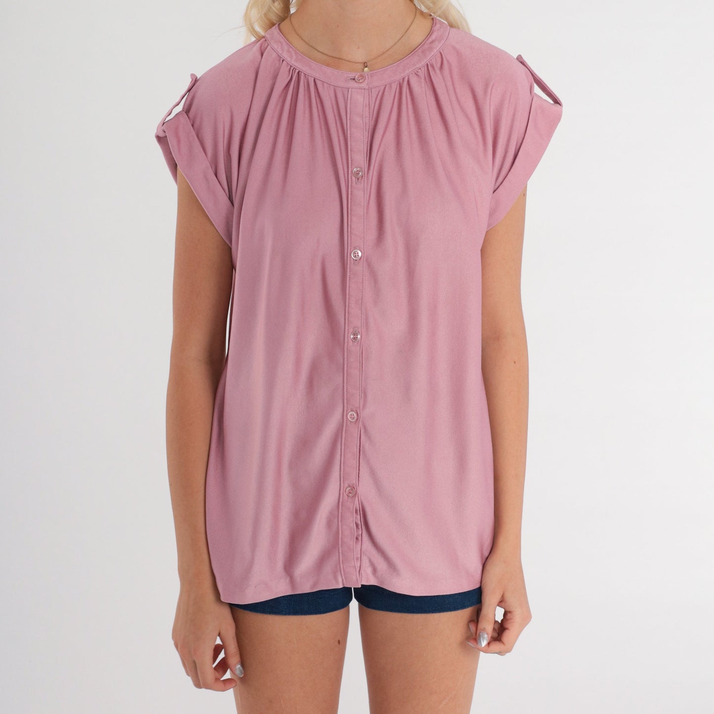 70s Lavender Button-Up Blouse Cap Sleeve Epaulette Shiny Top Small