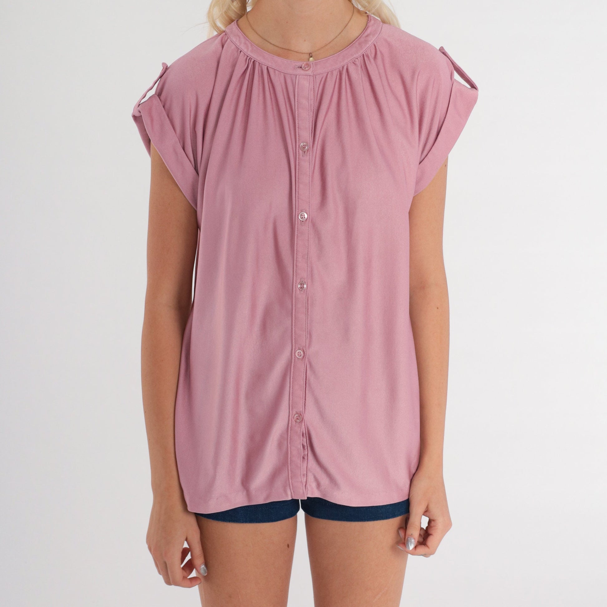 70s Lavender Button-Up Blouse Cap Sleeve Epaulette Shiny Top Small