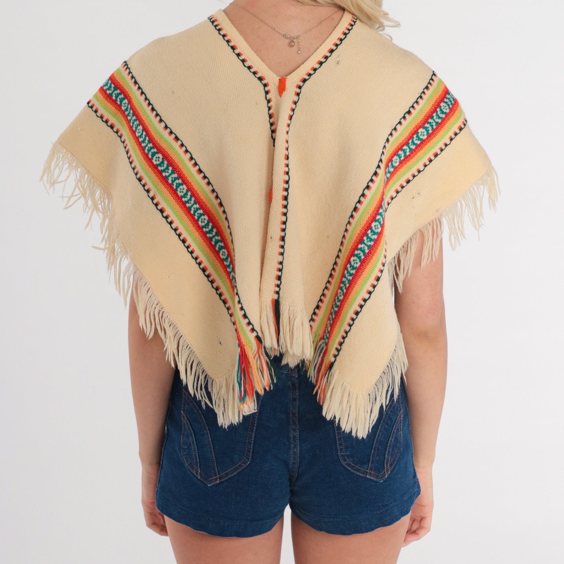 70s Cream Wool Poncho Southwestern Print Fringe Cape Small