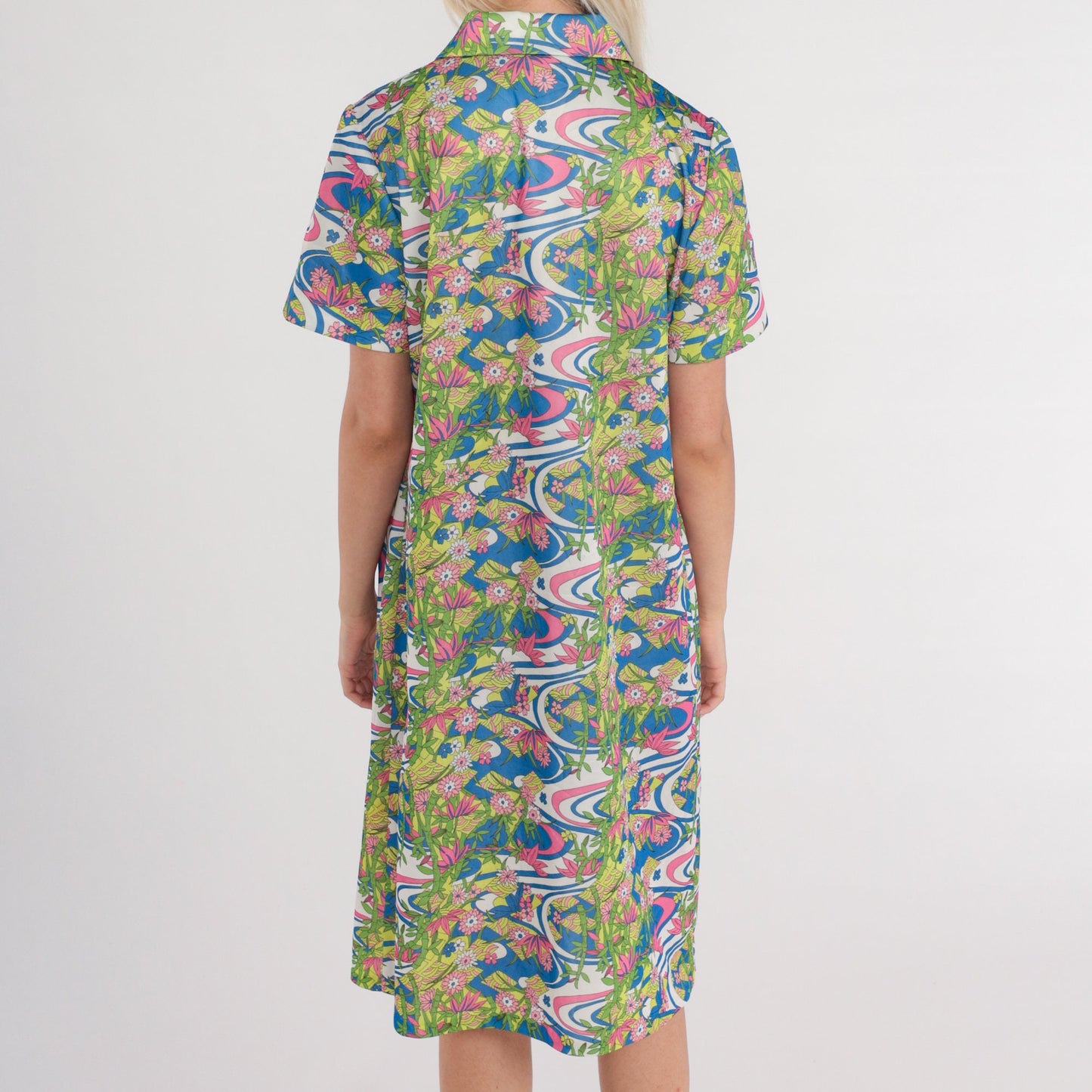 70s Psychedelic Floral Midi Shift Dress Zip Front Collar Short Sleeve Large L