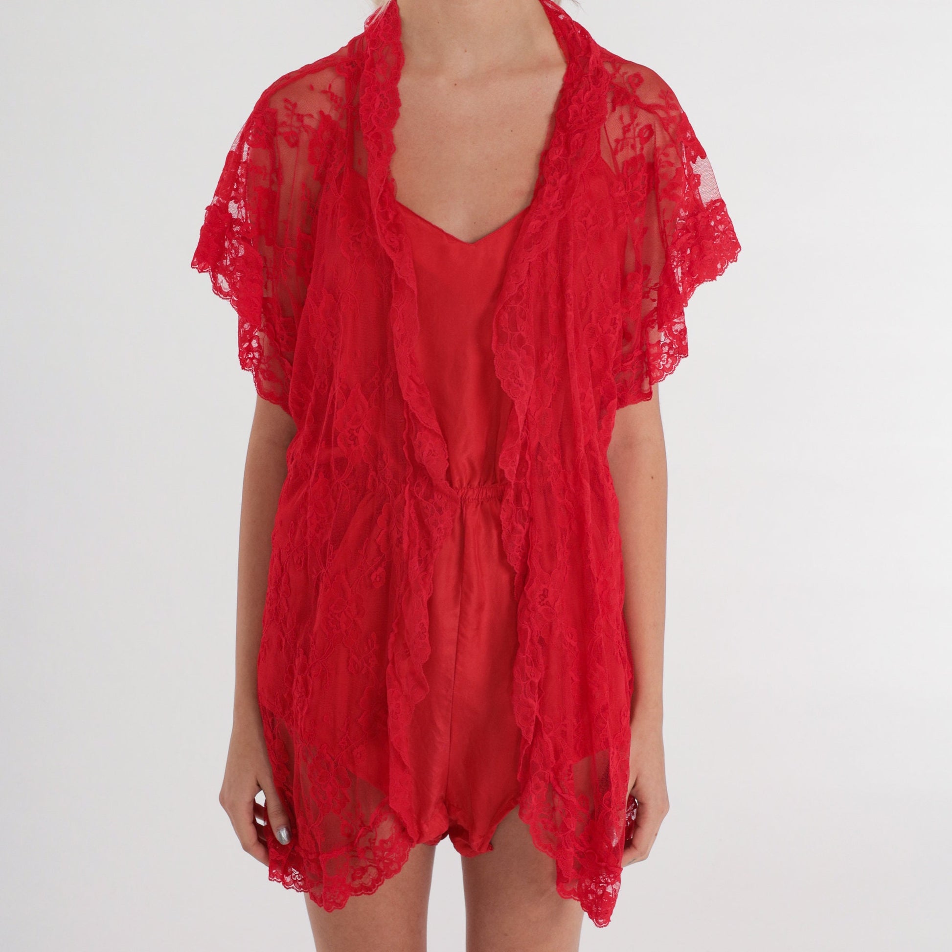 80s Mervyn's Red Lace Floral Lingerie Robe Open Front Short Sleeve One Size