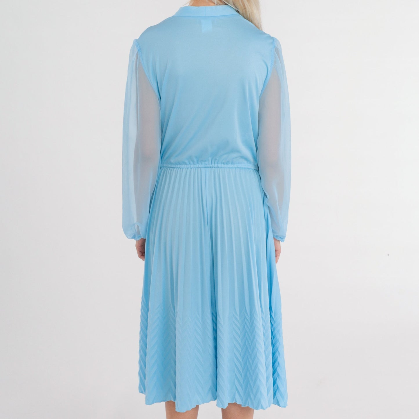 70s Blue Midi Dress V-Neck High Waisted Knife Pleated Sheer Sleeve Medium M