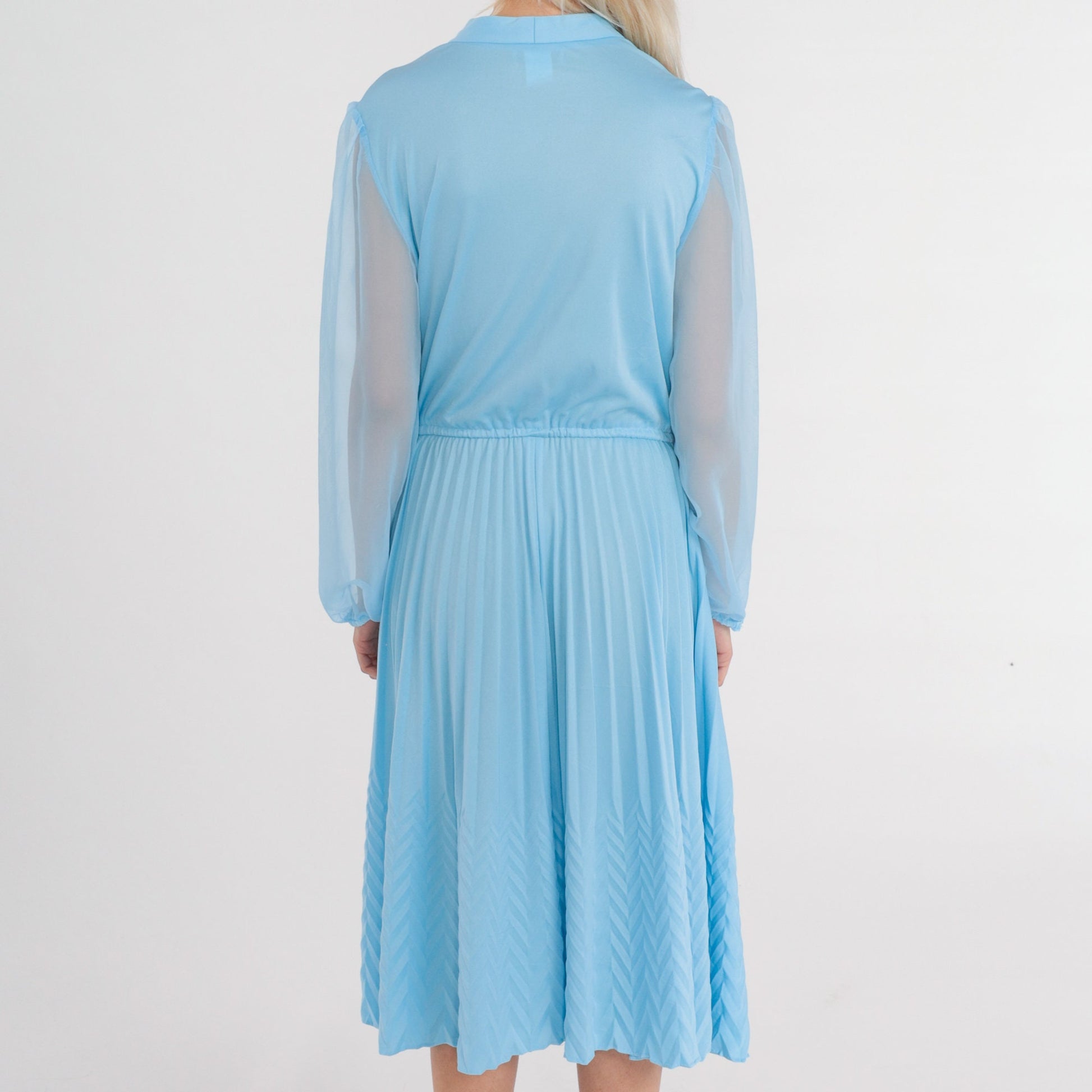 70s Blue Midi Dress V-Neck High Waisted Knife Pleated Sheer Sleeve Medium M