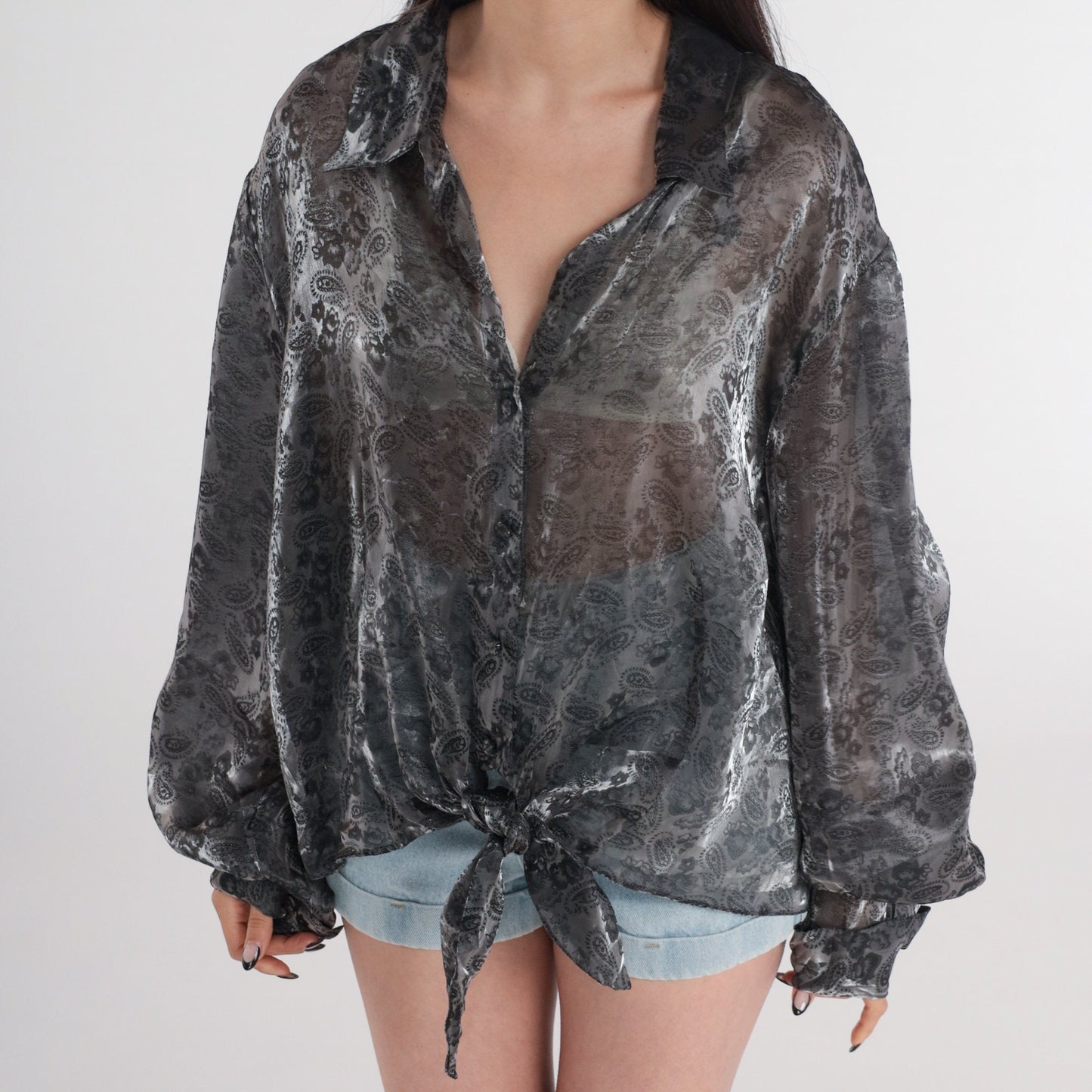 90s Iridescent Paisley Button-Up Blouse Pewter Sheer Long Sleeve Plus Size 26W