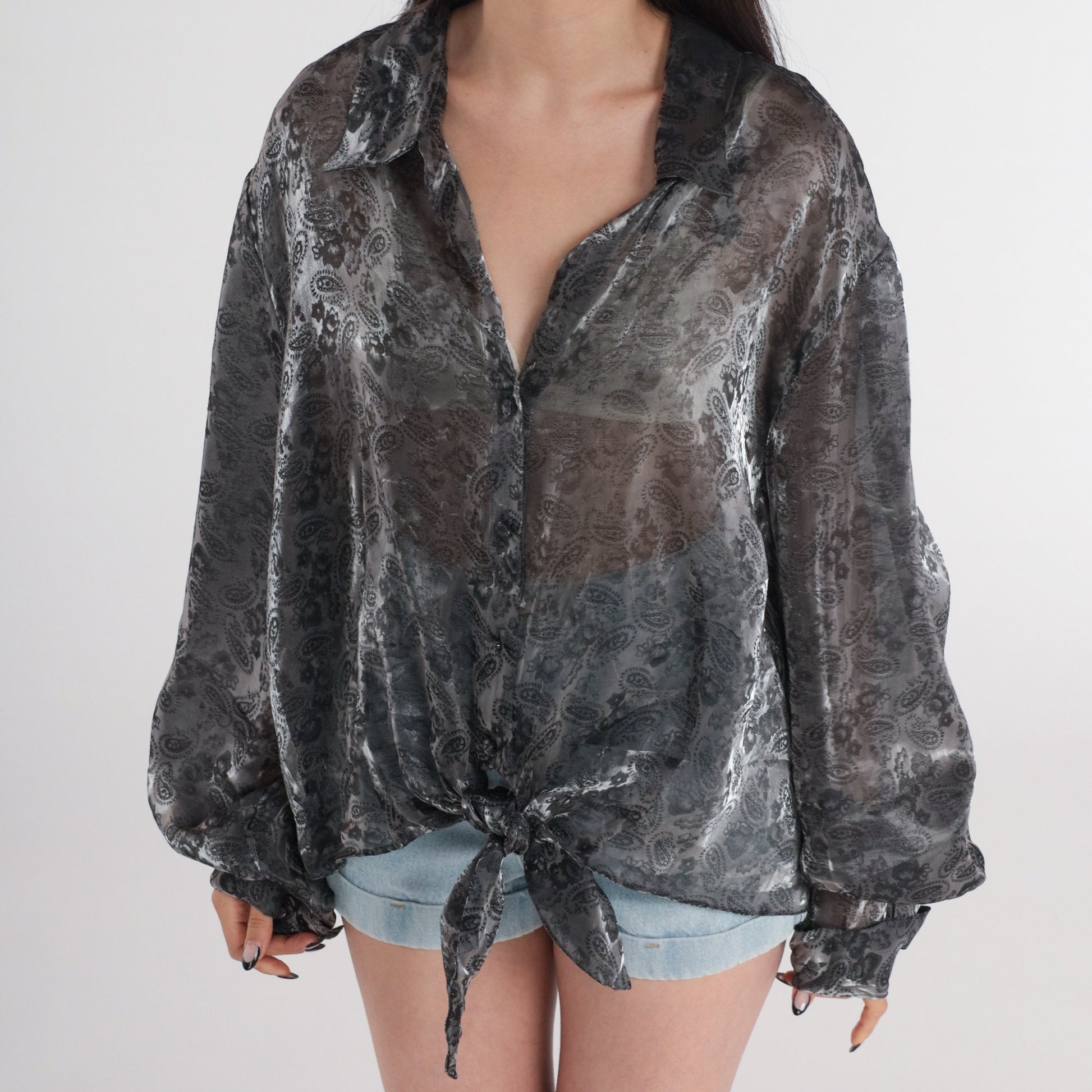 90s Iridescent Paisley Button-Up Blouse Pewter Sheer Long Sleeve Plus Size 26W