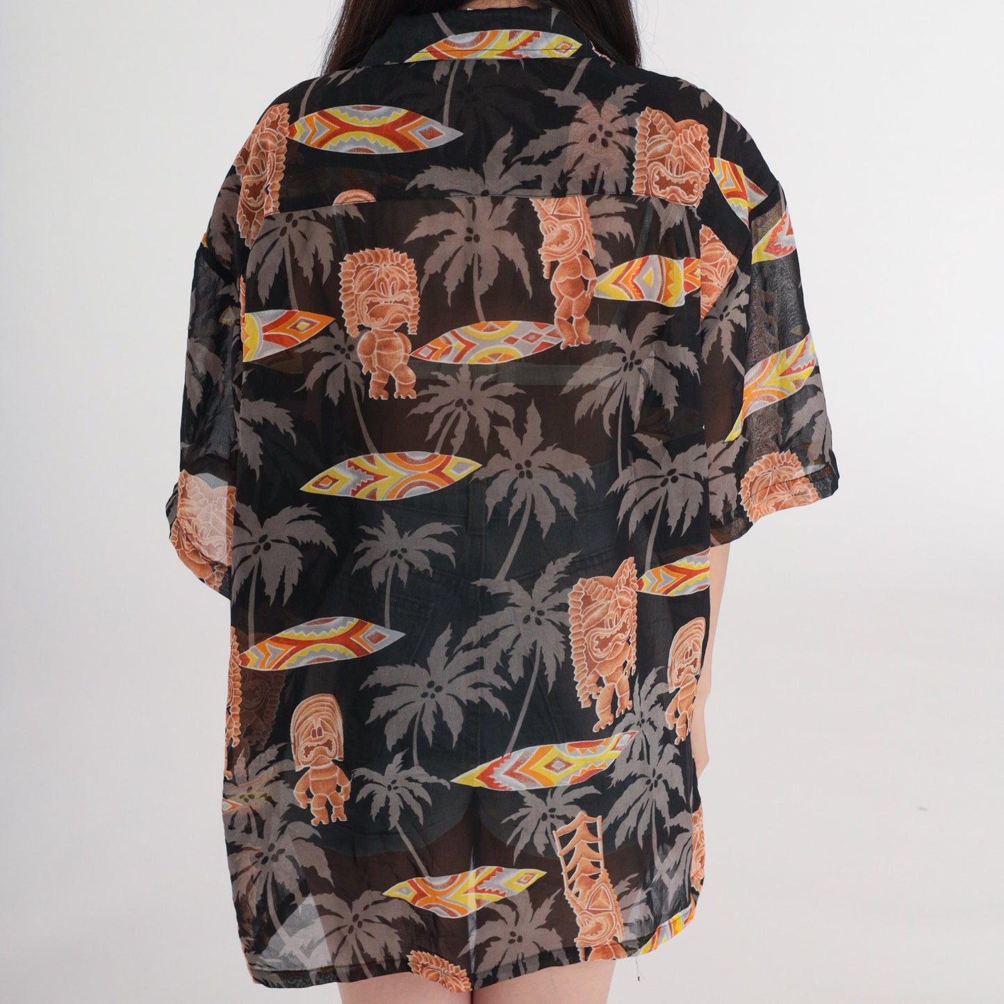 Y2K Hawaiian Tiki Surfboard Button-Up Shirt Black Extra Large XXL