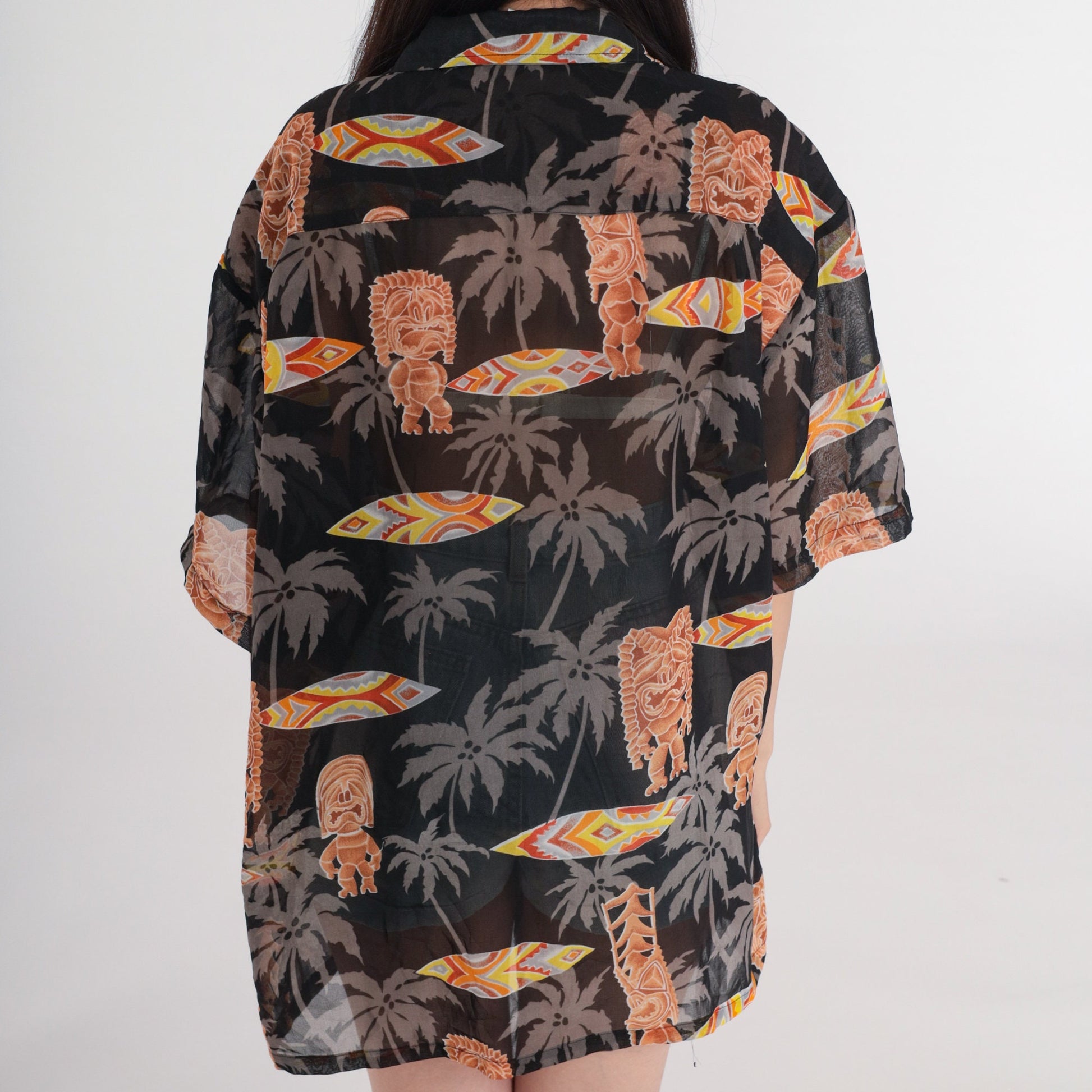 Y2K Hawaiian Tiki Surfboard Button-Up Shirt Black Extra Large XXL