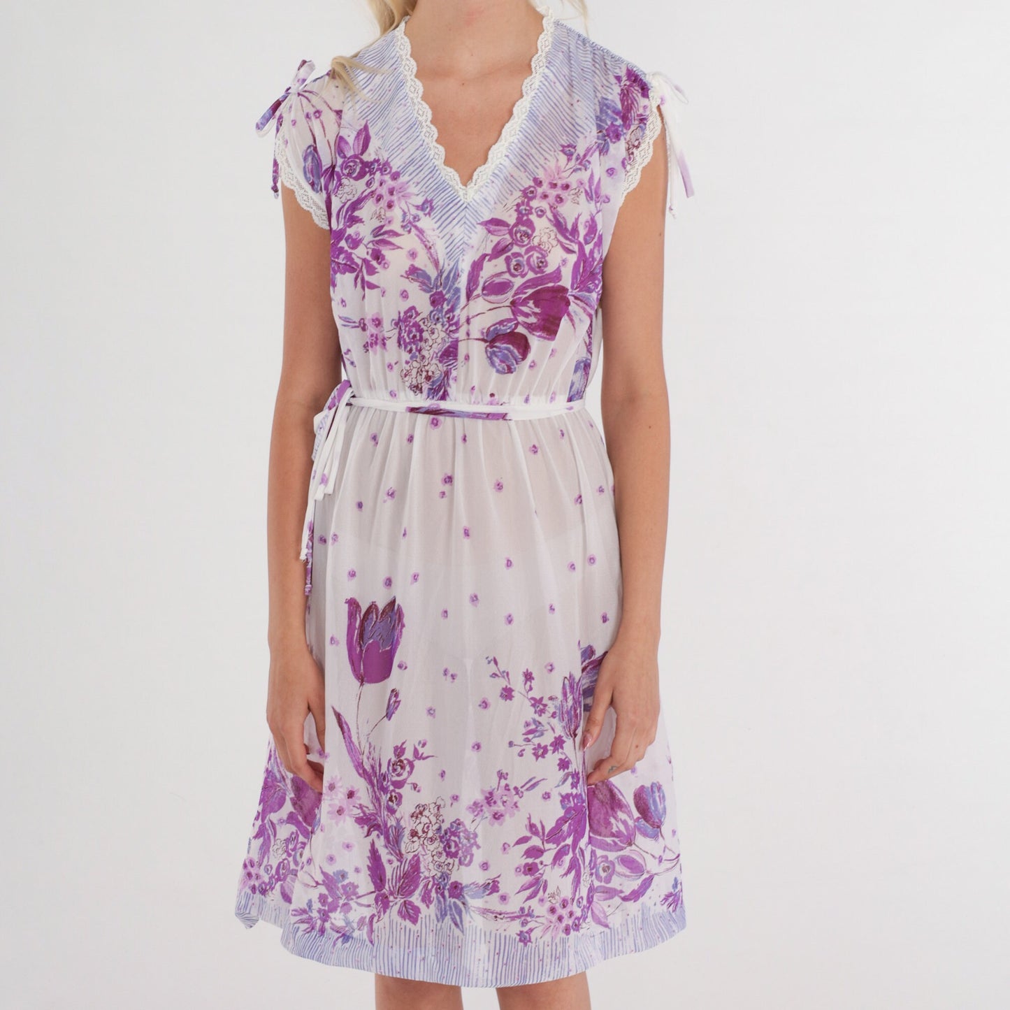80s White Purple Tulip Floral Mini Dress Lace Trim V Neck High Waisted Extra Small