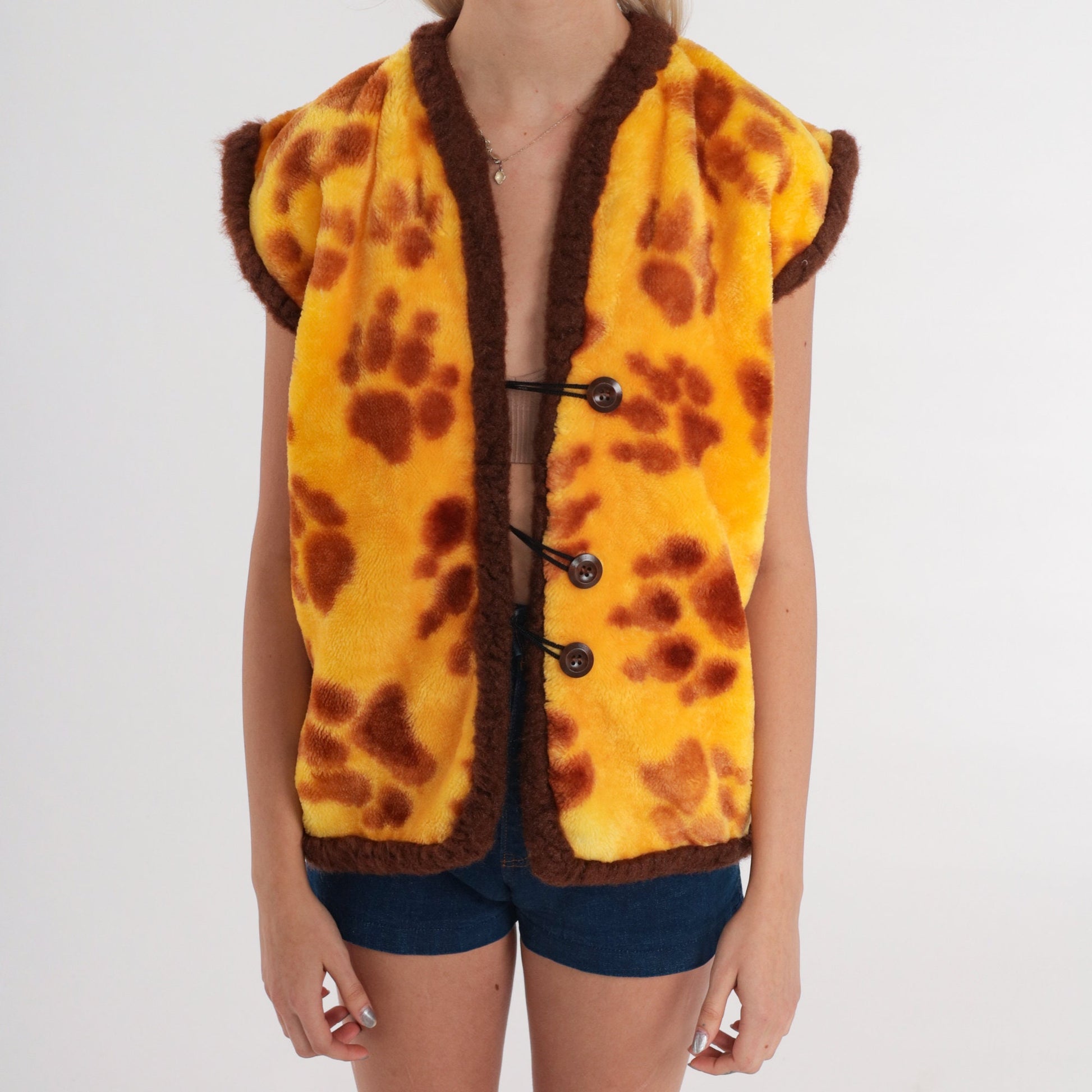 80s Yellow Fleece Vest Paw Print Button-Up Medium