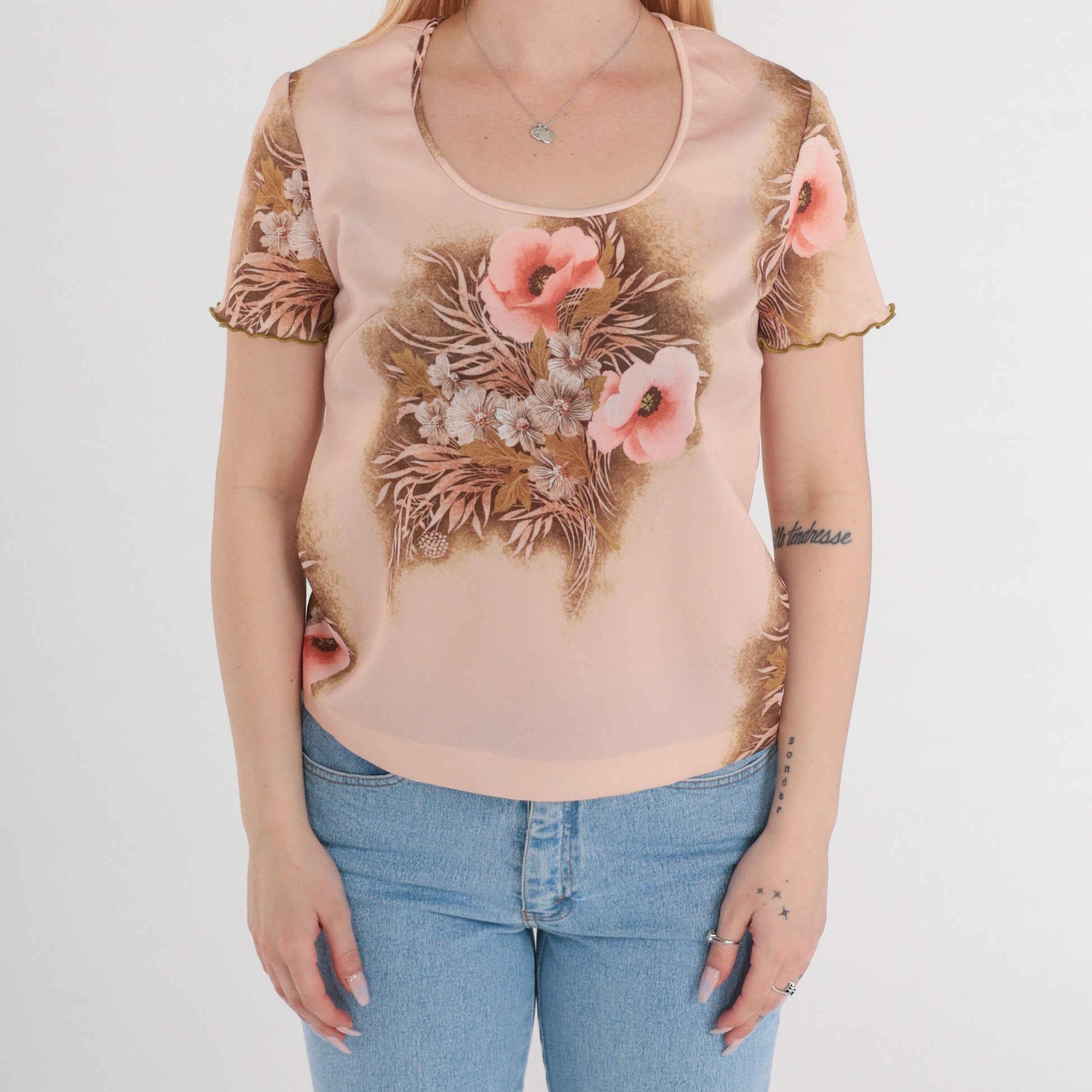 70s Pink Floral Graphic Tee Scoop Neck Lettuce Edge Short Sleeve Small