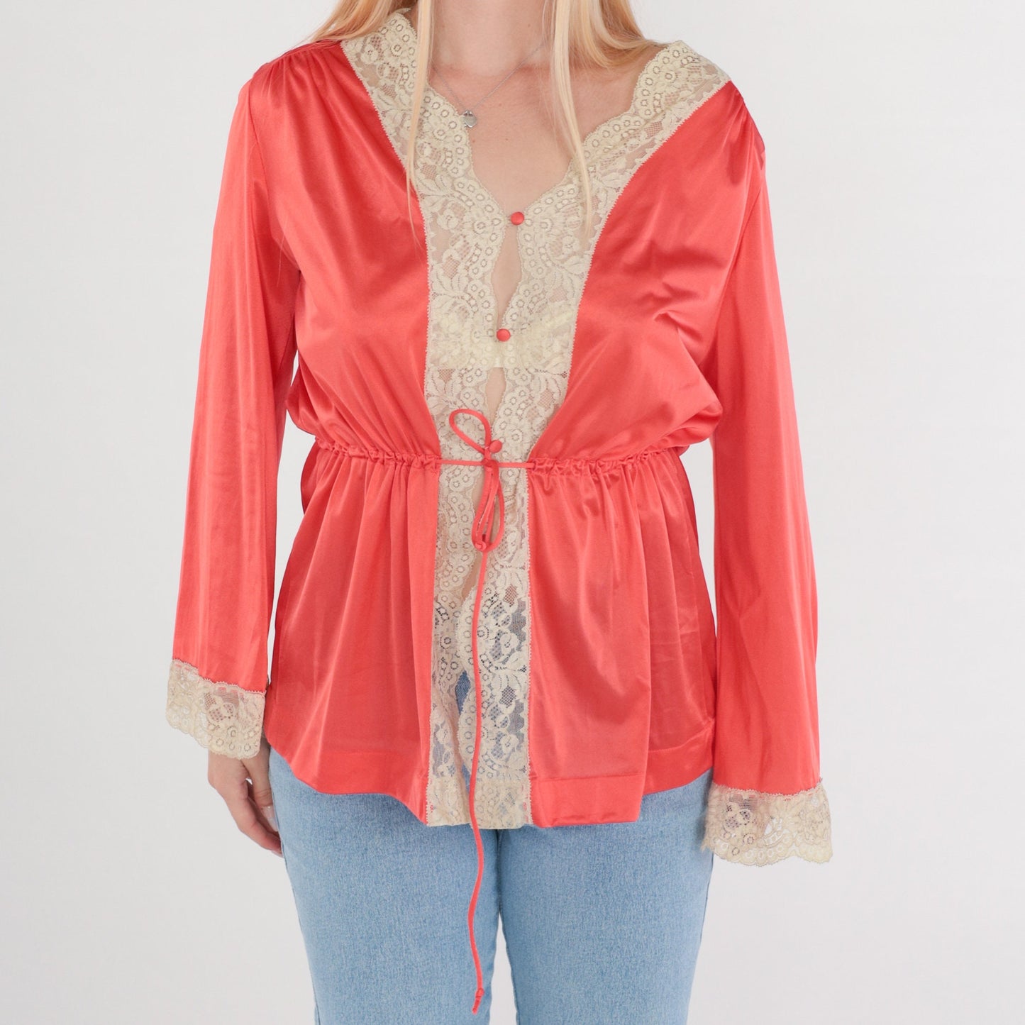 70s Coral Nylon Lace Pajama Top Button-Up Bed Jacket Long Sleeve Medium