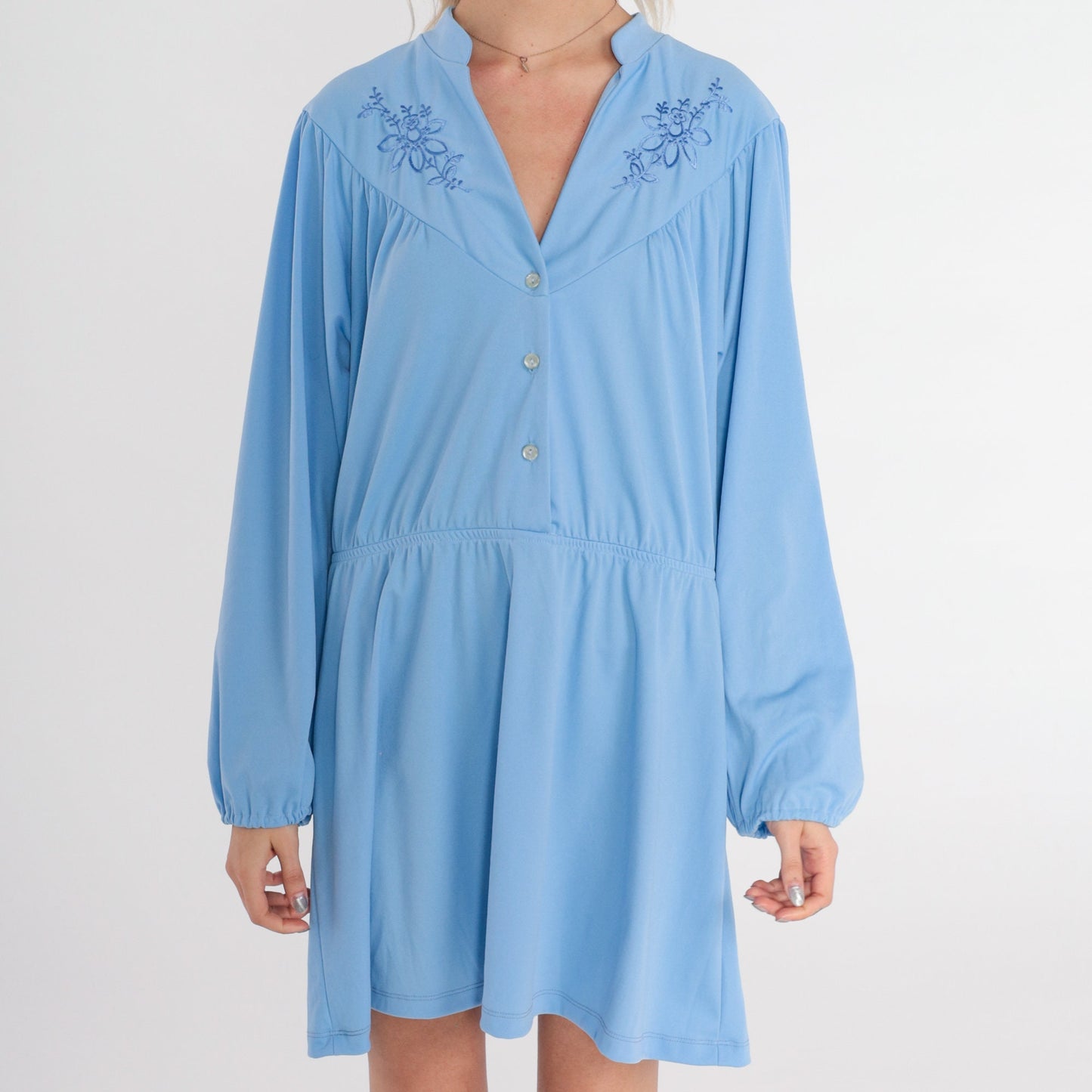 70s Blue Floral Embroidered Mini Dress High Waist Button Up Long Sleeve Extra Large