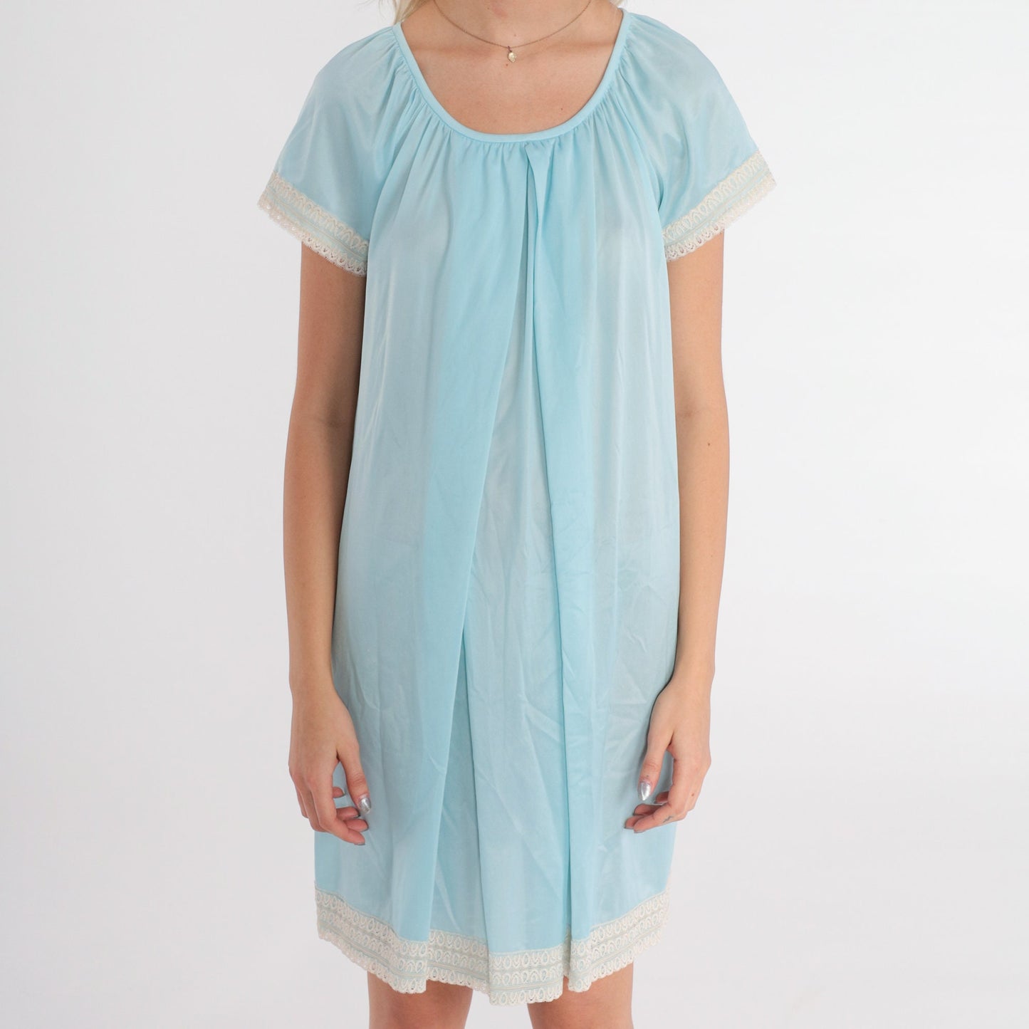 90s Baby Blue Nursing Nightgown Mini Lace Trim Short Sleeve Medium M