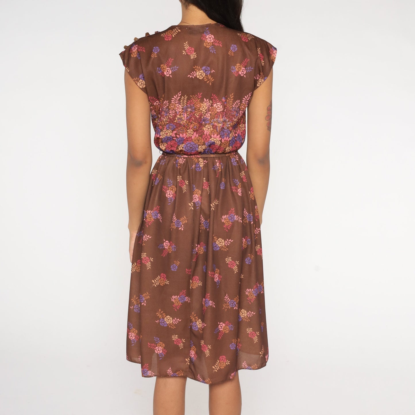 70s Floral Midi Dress Brown Semi-Sheer Deep V Neck Cap Sleeve High Waist Medium