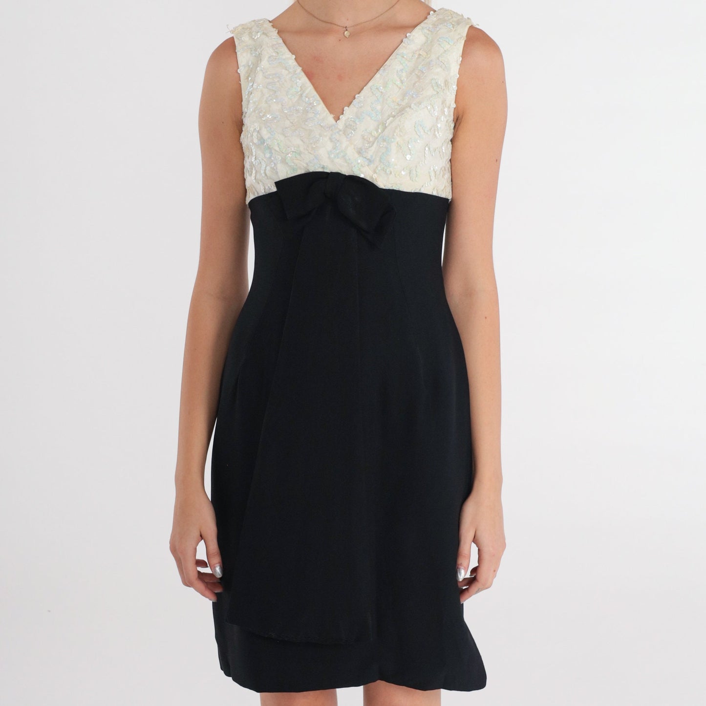 60s Sequin Bow Cocktail Dress Black Off-White Empire Waist Mini V-Neck Extra Small