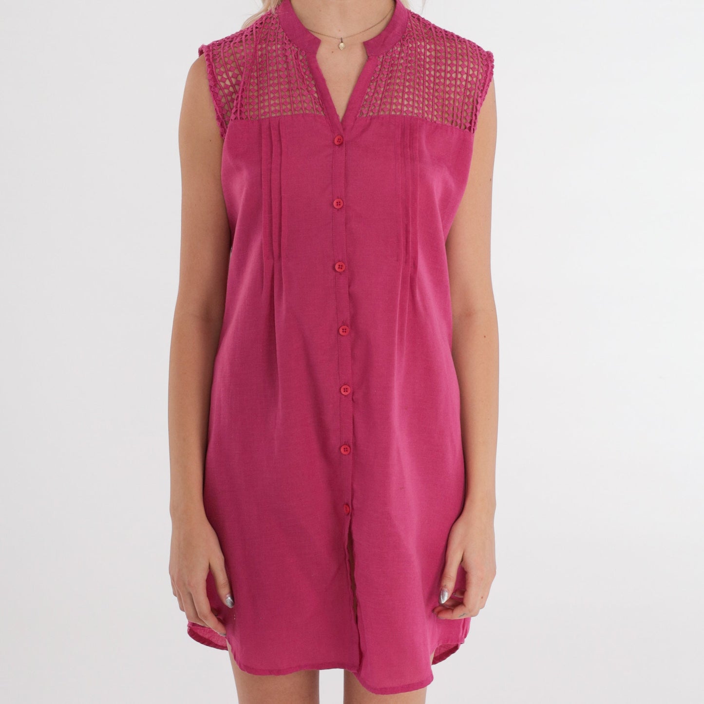 90s Pink Mini Dress Button-Up Sleeveless Sheer Cutout Yoke Medium