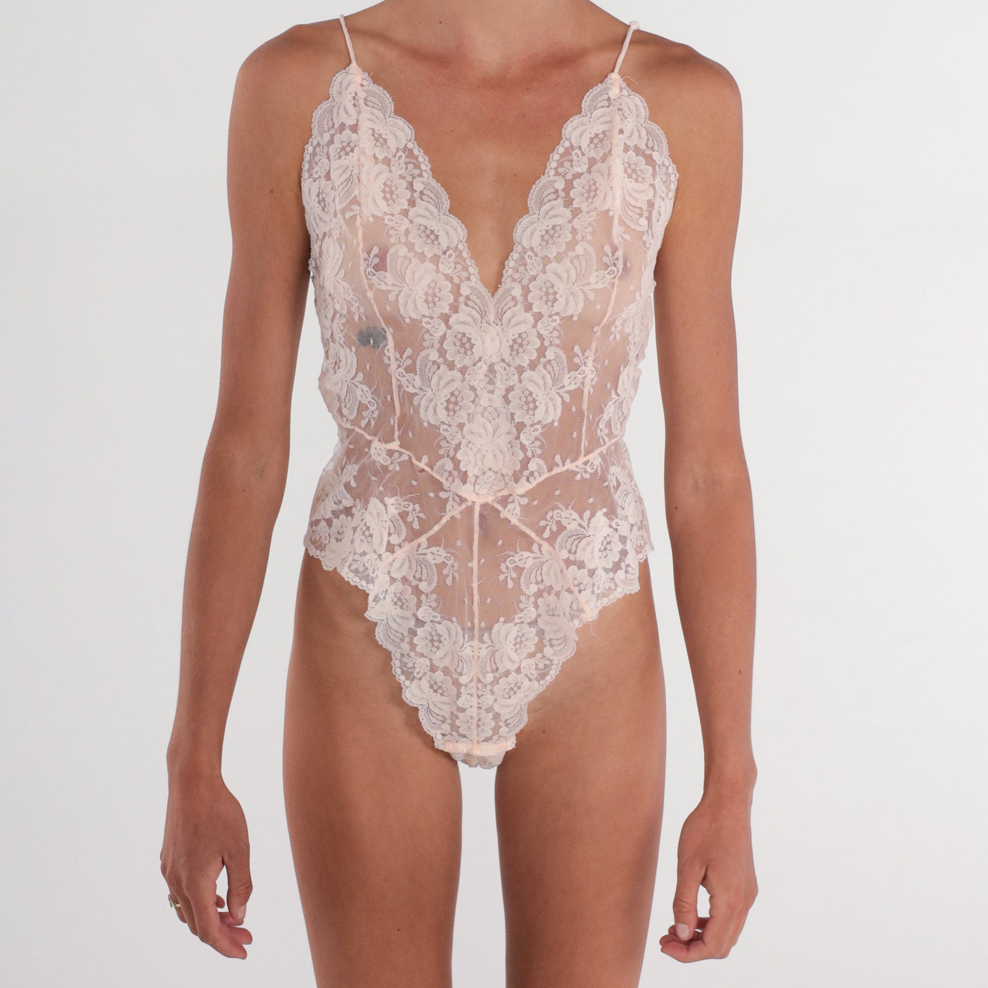 90s Barbizon Pink Lace Bodysuit Teddy V Neck Sheer Floral Medium M