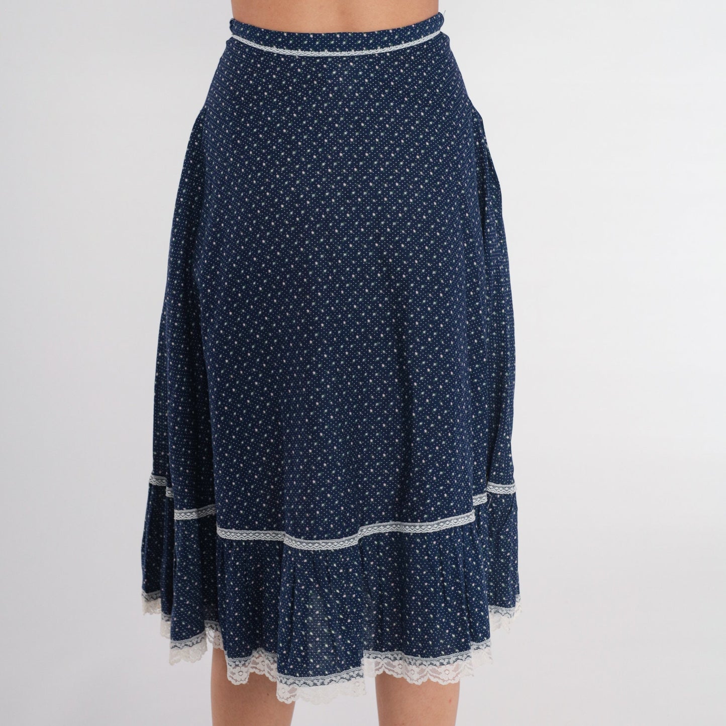 70s Gunne Sax Prairie Skirt Blue Calico Floral Midi Lace High Waist XS