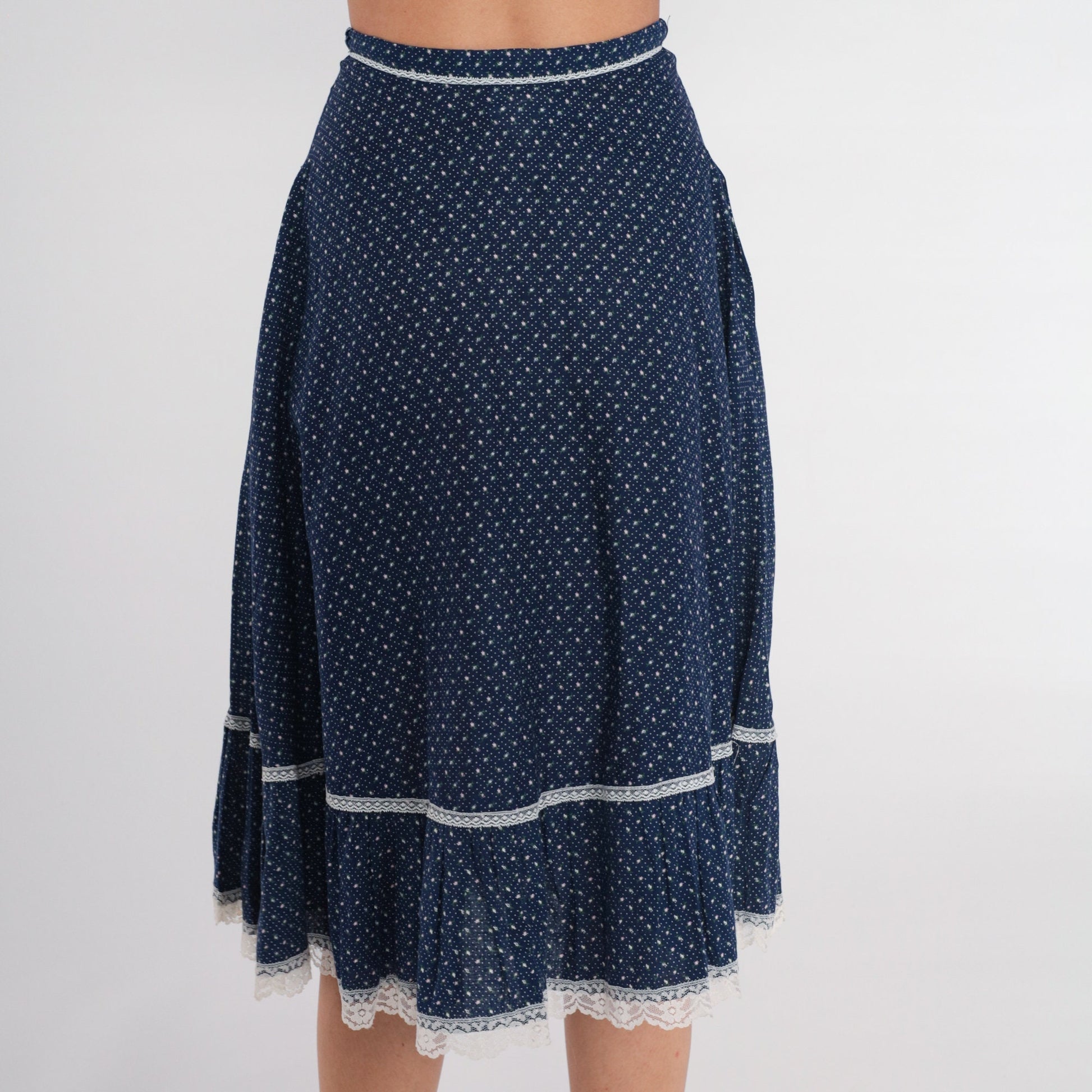 70s Gunne Sax Prairie Skirt Blue Calico Floral Midi Lace High Waist XS