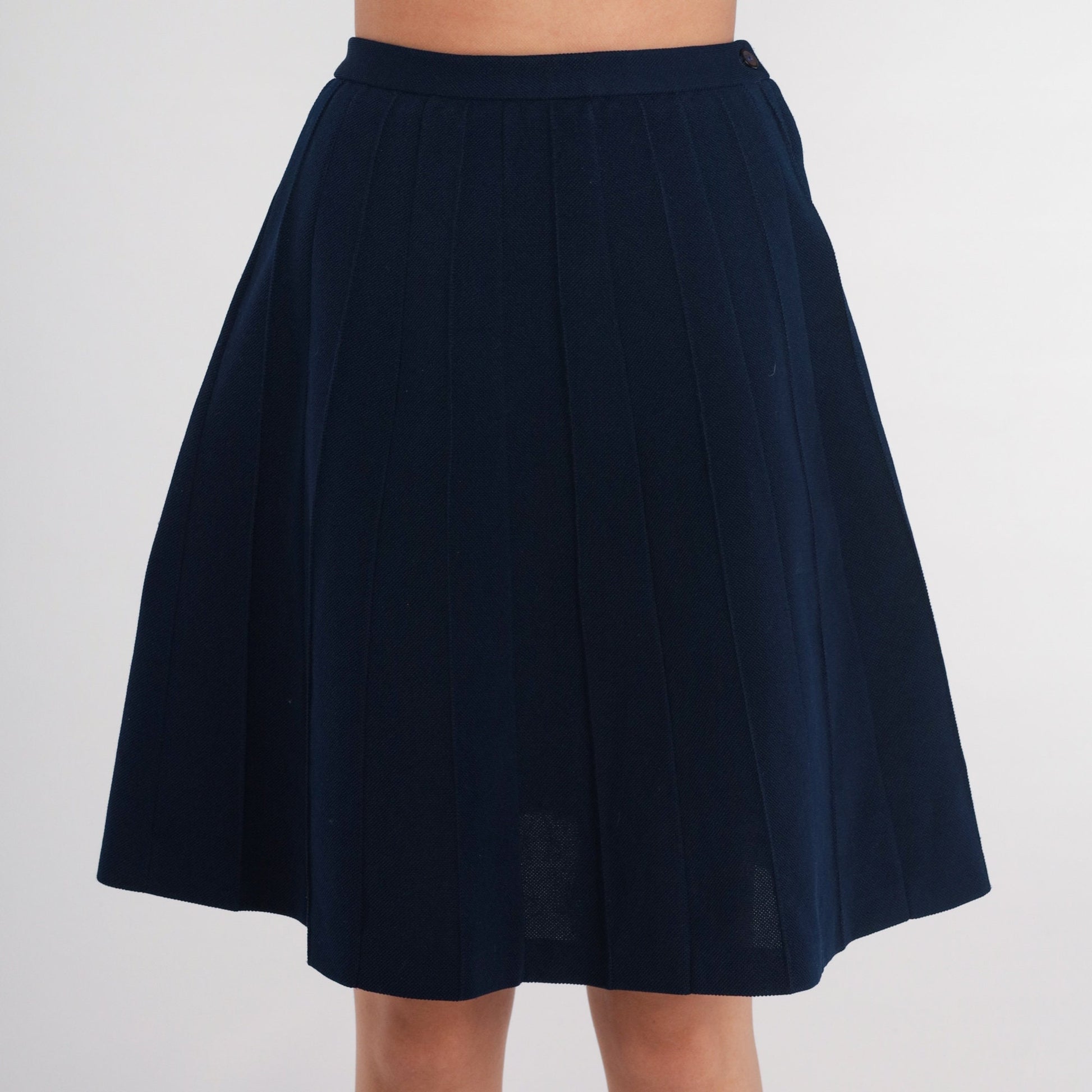 70s Navy Blue Mini Skirt High Waist A-Line Pleated Extra Small