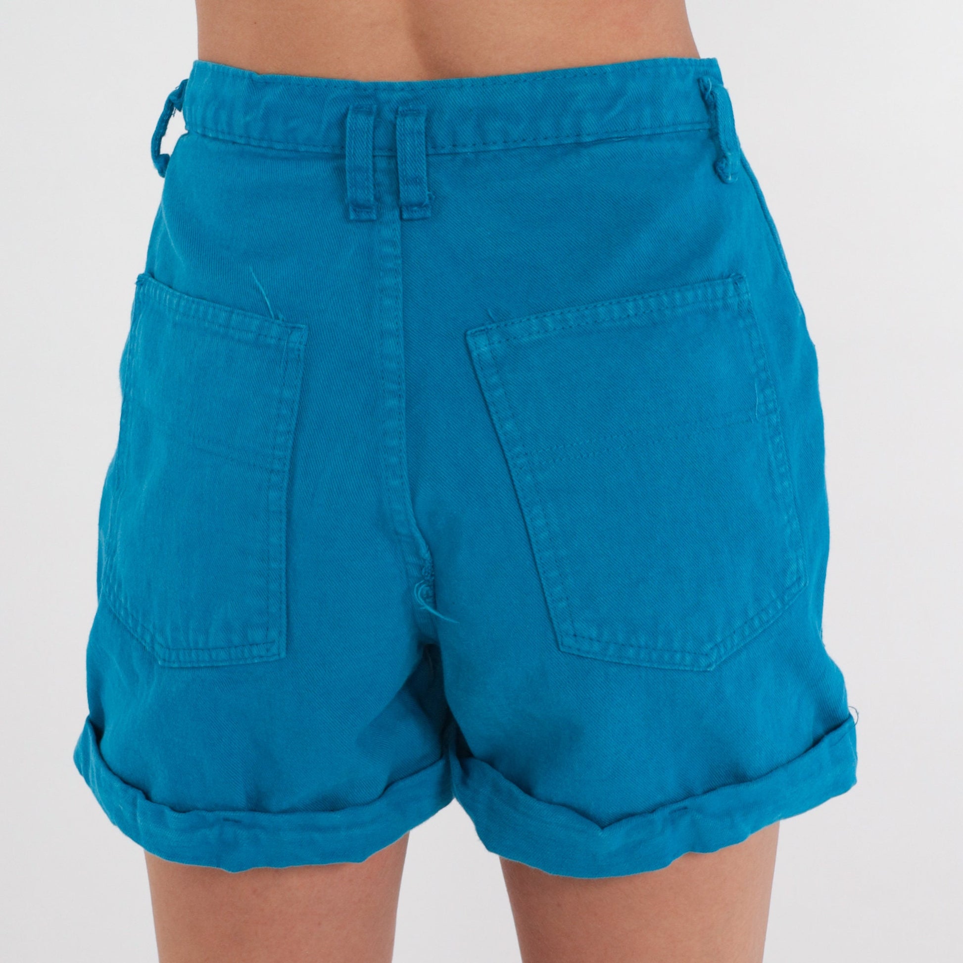 80s Bright Blue Denim Shorts High Waisted Cuffed Jean Shorts Small