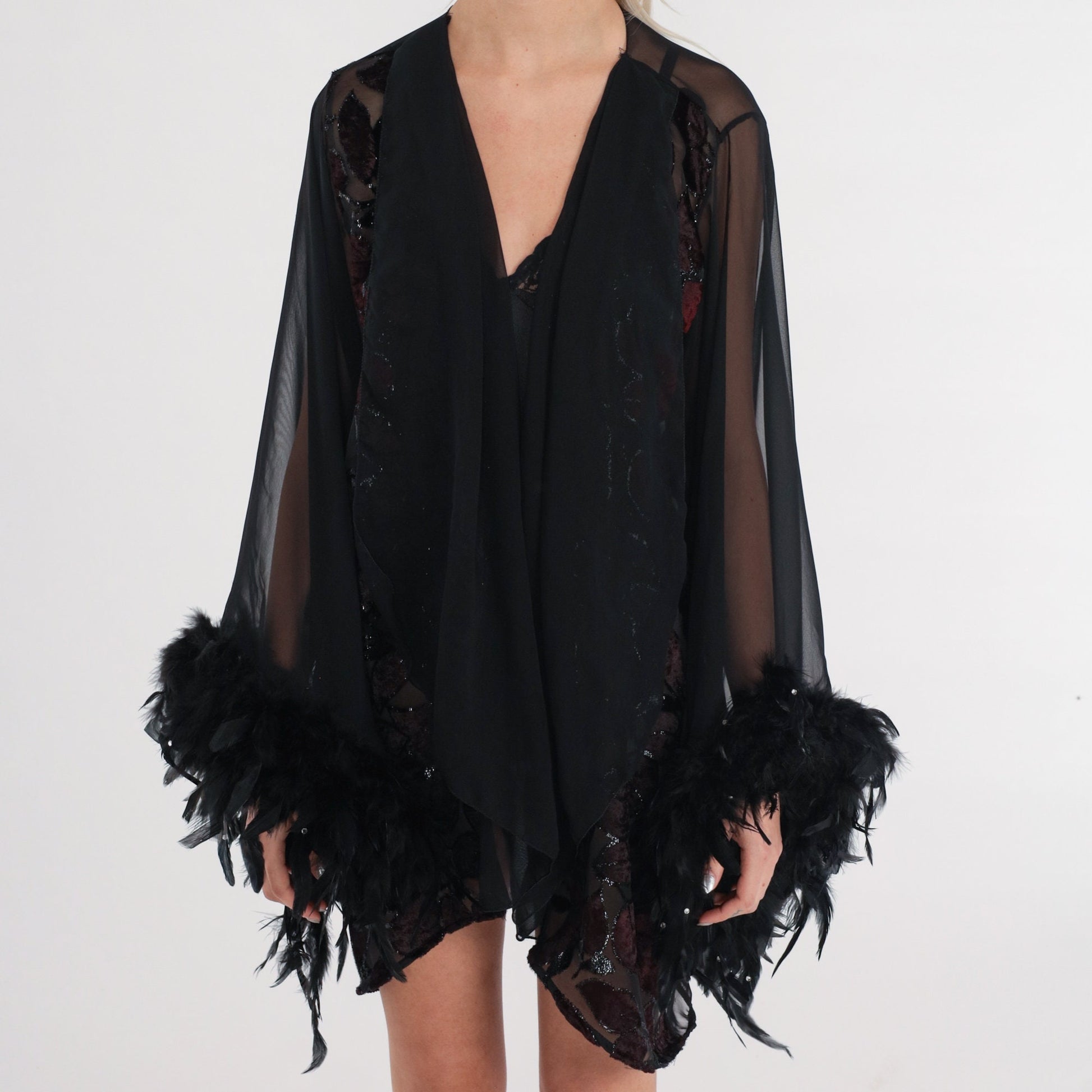 90s Fredricks of Hollywood Black Sheer Robe Velvet Burnout Leaf Feather Trim Medium Large