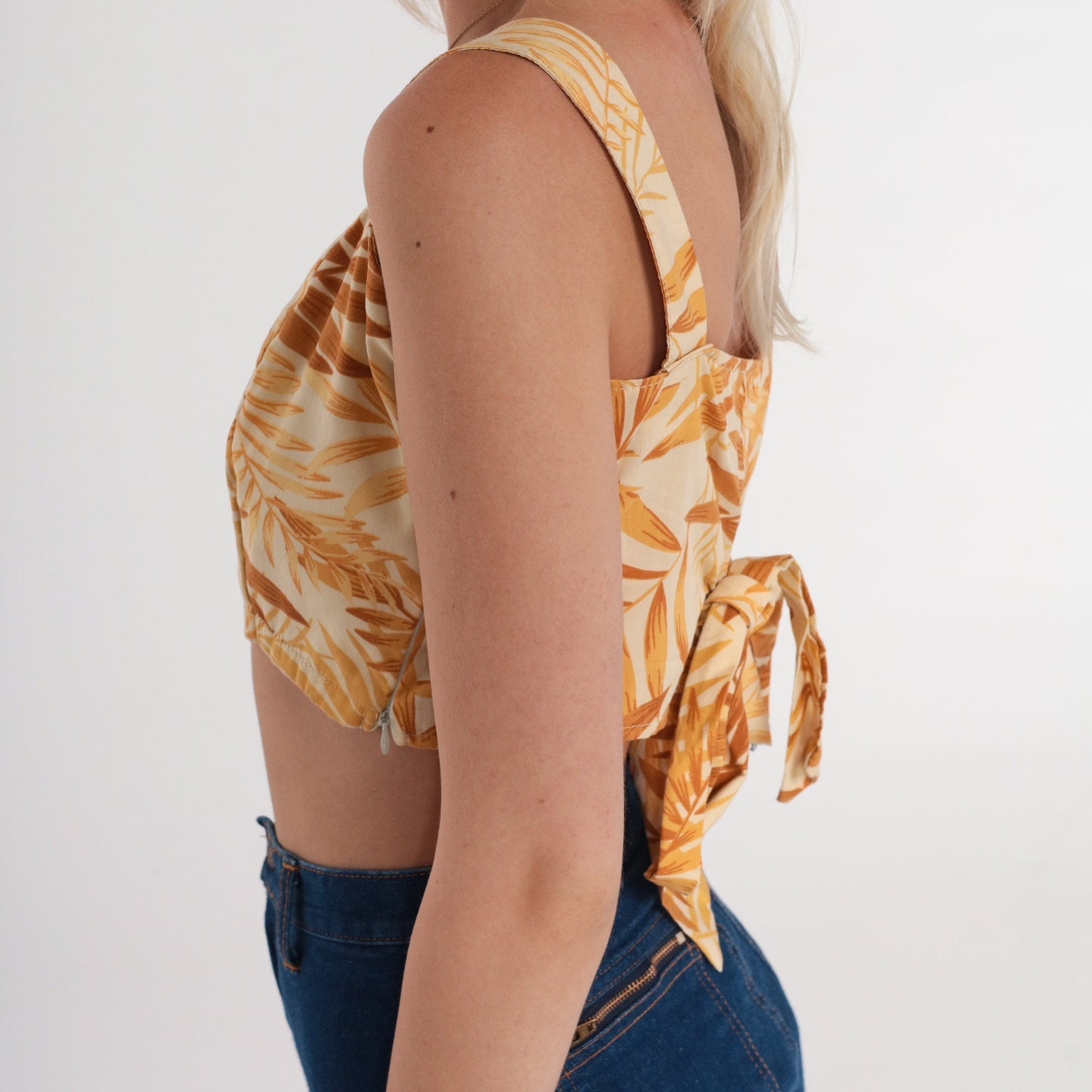 90s Tropical Botanical Crop Top Yellow Sweetheart Neckline Small