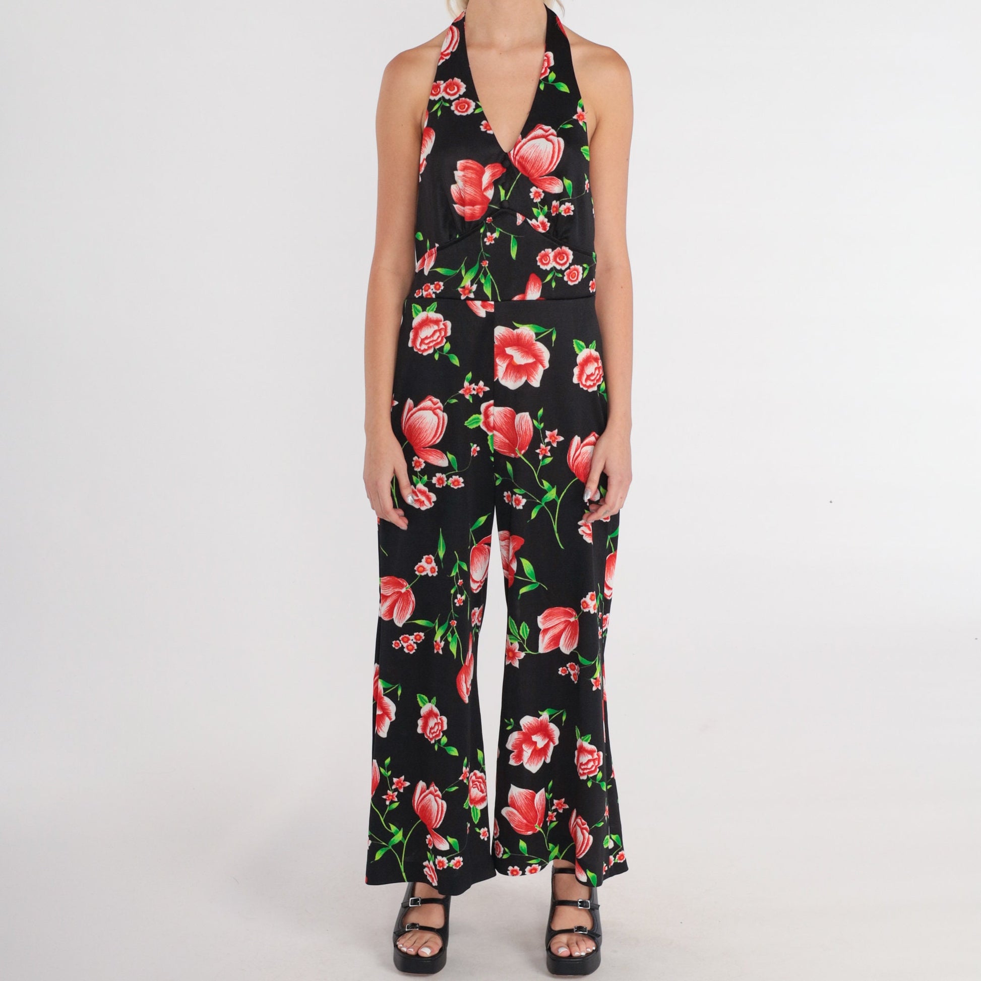 70s Black Floral Halter Jumpsuit Bell Bottom Wide Leg Medium M